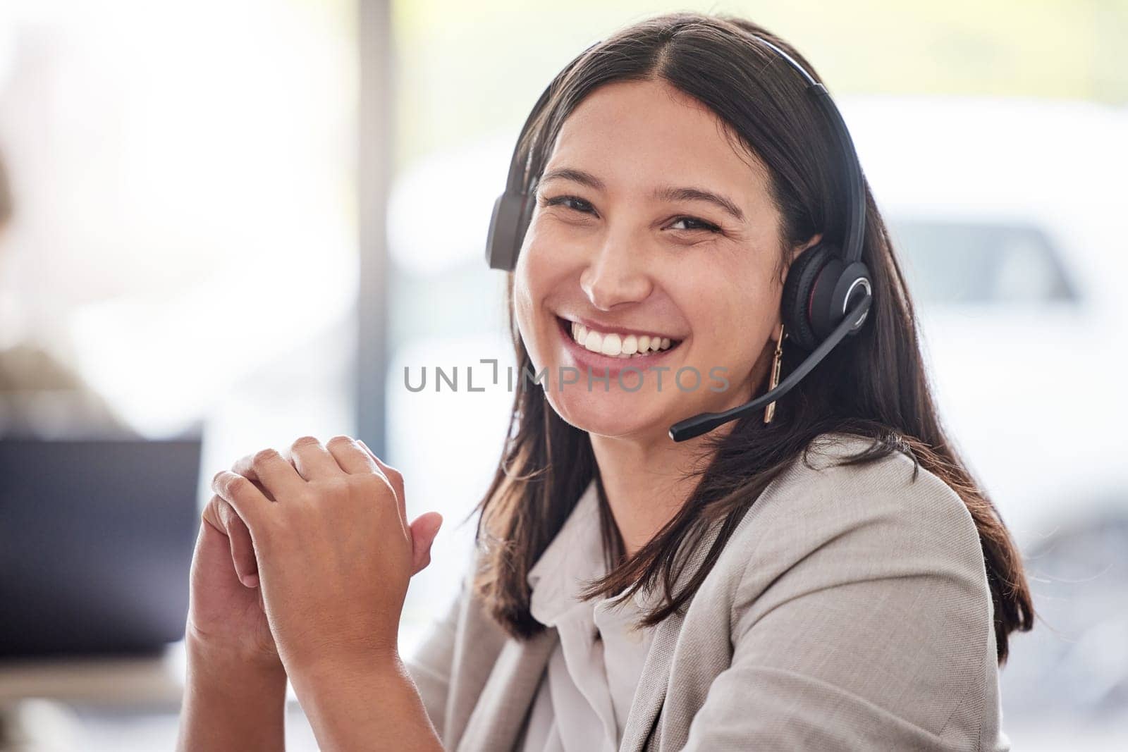 Portrait, woman and happy call center worker with headset, smile and professional mindset for customer service, support or help. Face, person and working in telemarketing, crm or online consulting.