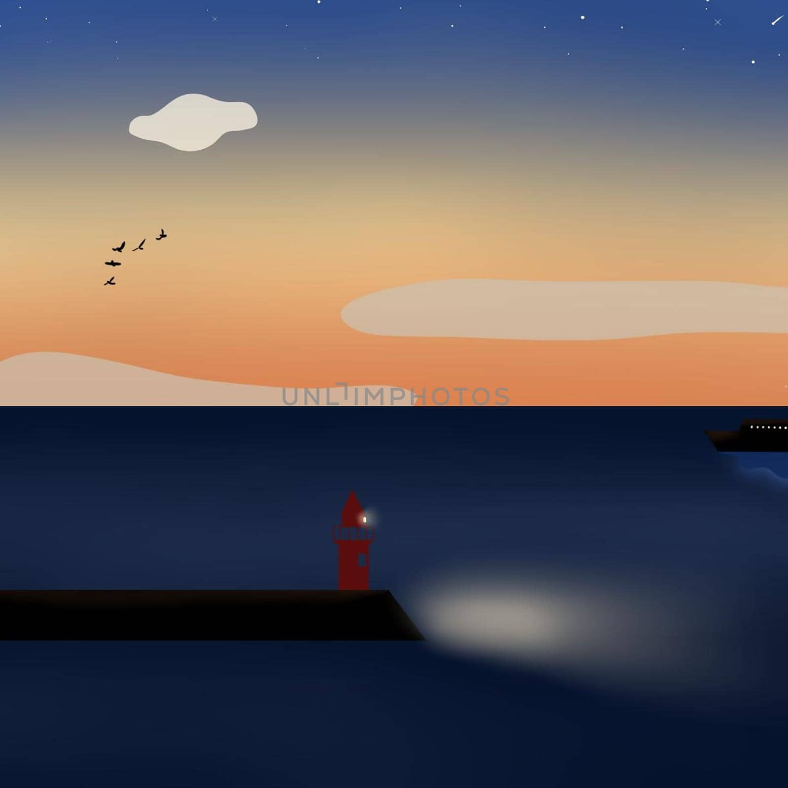 sky,atmosphere,lighthouse,dusk,cloud,horizon,liquid,azure,calm,illustration,landscape,night,sea