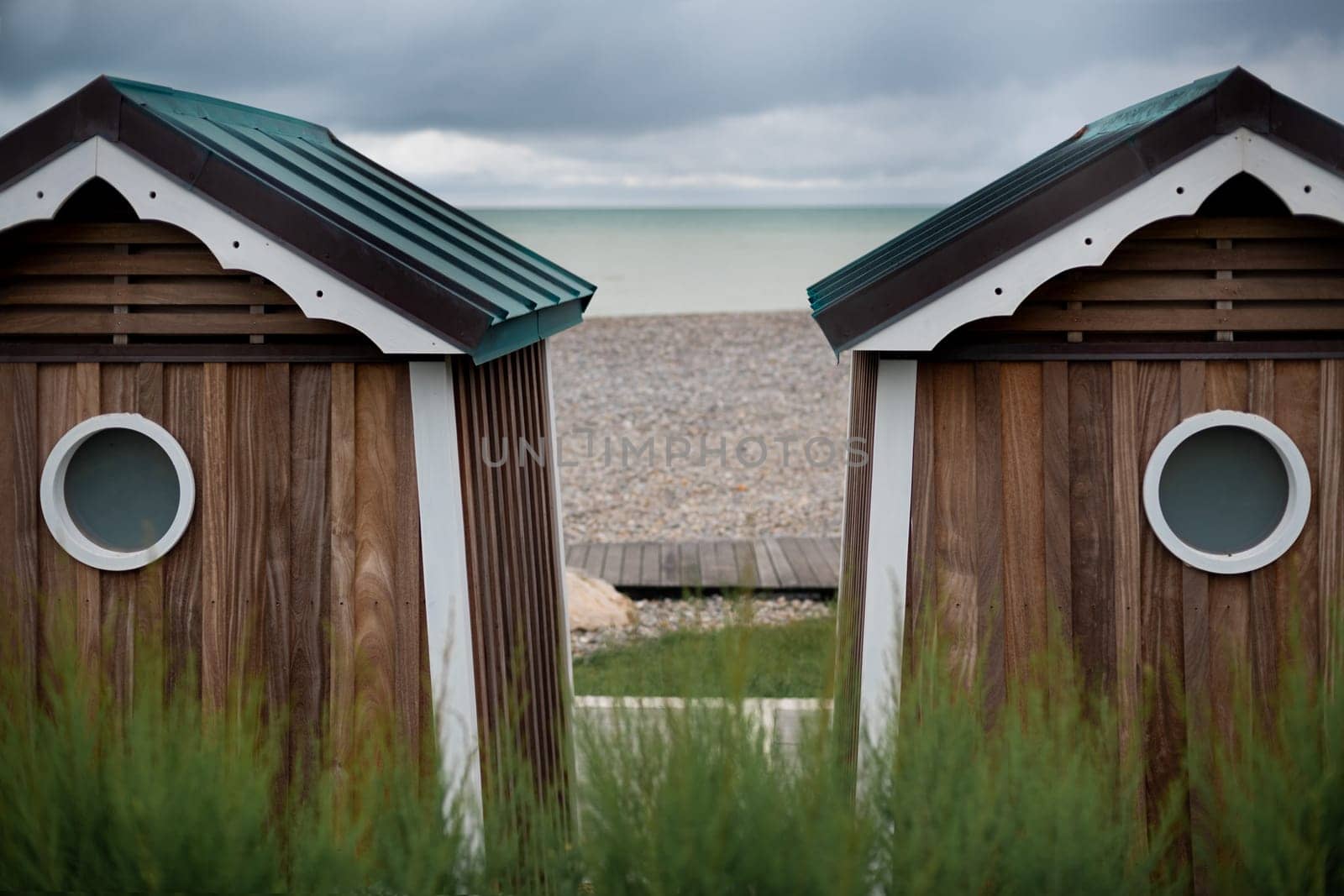 Wooden houses on the ocean coast bathing cabins at Saint marguerite sur mer