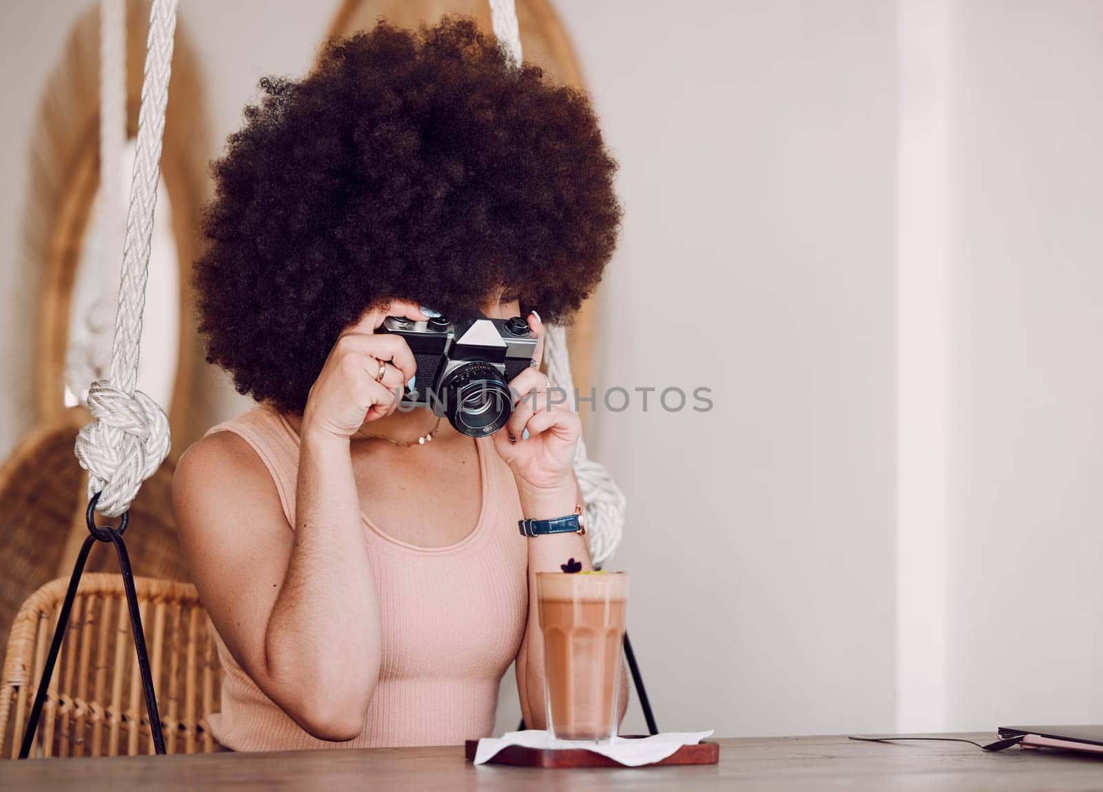 Black woman, camera and drink for social media, online post and blogger. African American female, young girl or influencer take picture, for posting on internet or milkshake for creative photographer by YuriArcurs