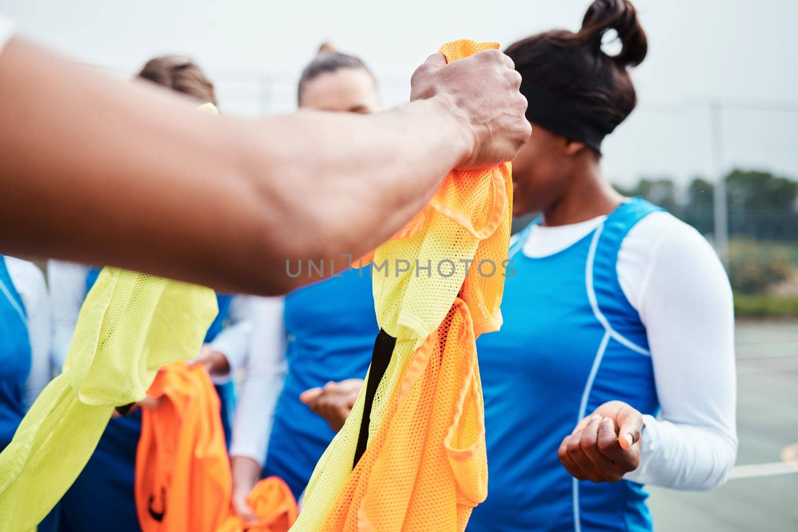 Netball, team clothes and fitness, girl on court outdoor for sports, student league and train for game. Athlete, young and gen z with exercise, collaboration and competition with active lifestyle.