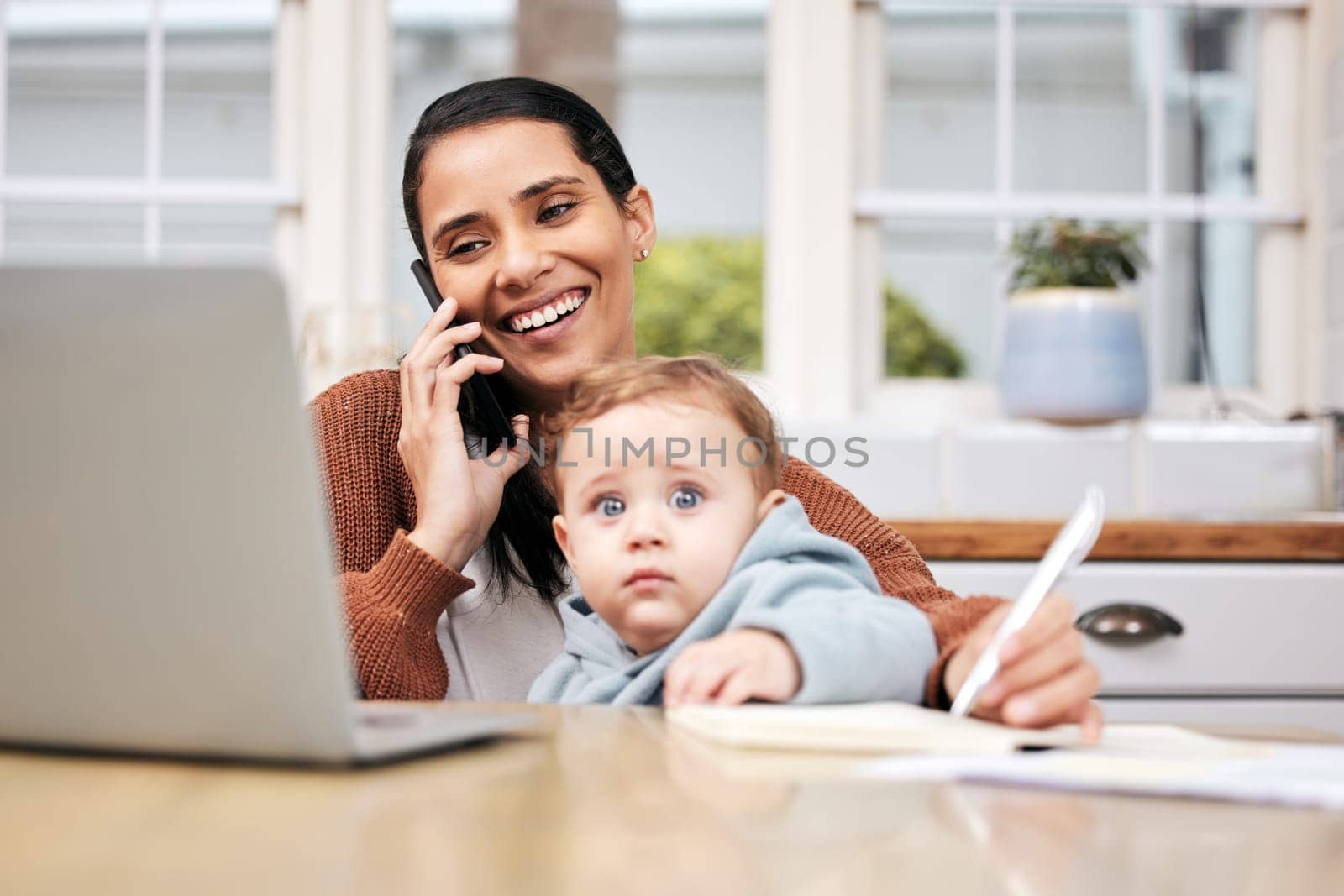 Call, baby and work from home mom with phone, child care and virtual assistant job or family support in multitask. Laptop, cellphone and busy online mother or happy person and kid in freelance career.