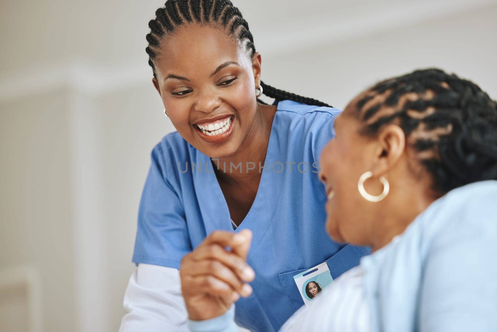 Senior patient, laughing and woman nurse together for support, healthcare and happiness. Black person and happy caregiver in retirement home for trust, elderly care and help for health and wellness.