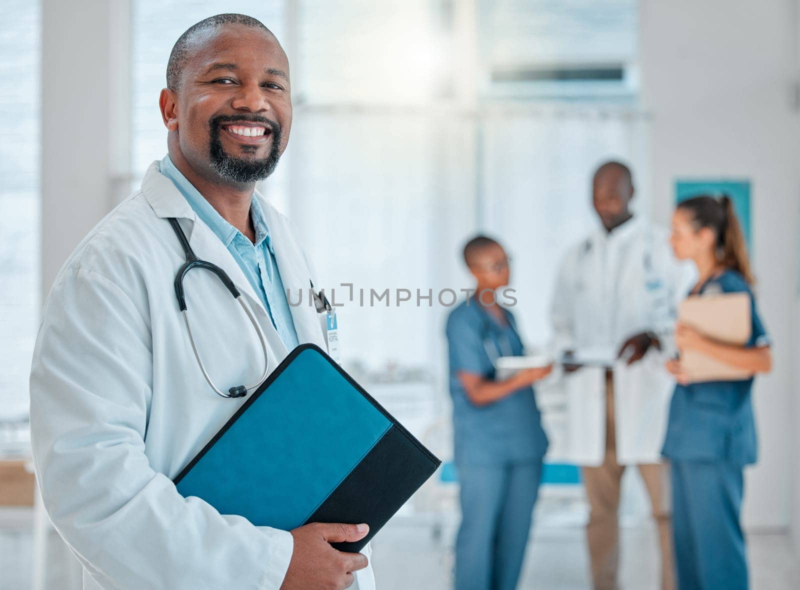 Healthcare, doctor and portrait of black man with file for medical report, results and wellness. Hospital manager, clinic and face of male worker smile for service, consulting and insurance document.