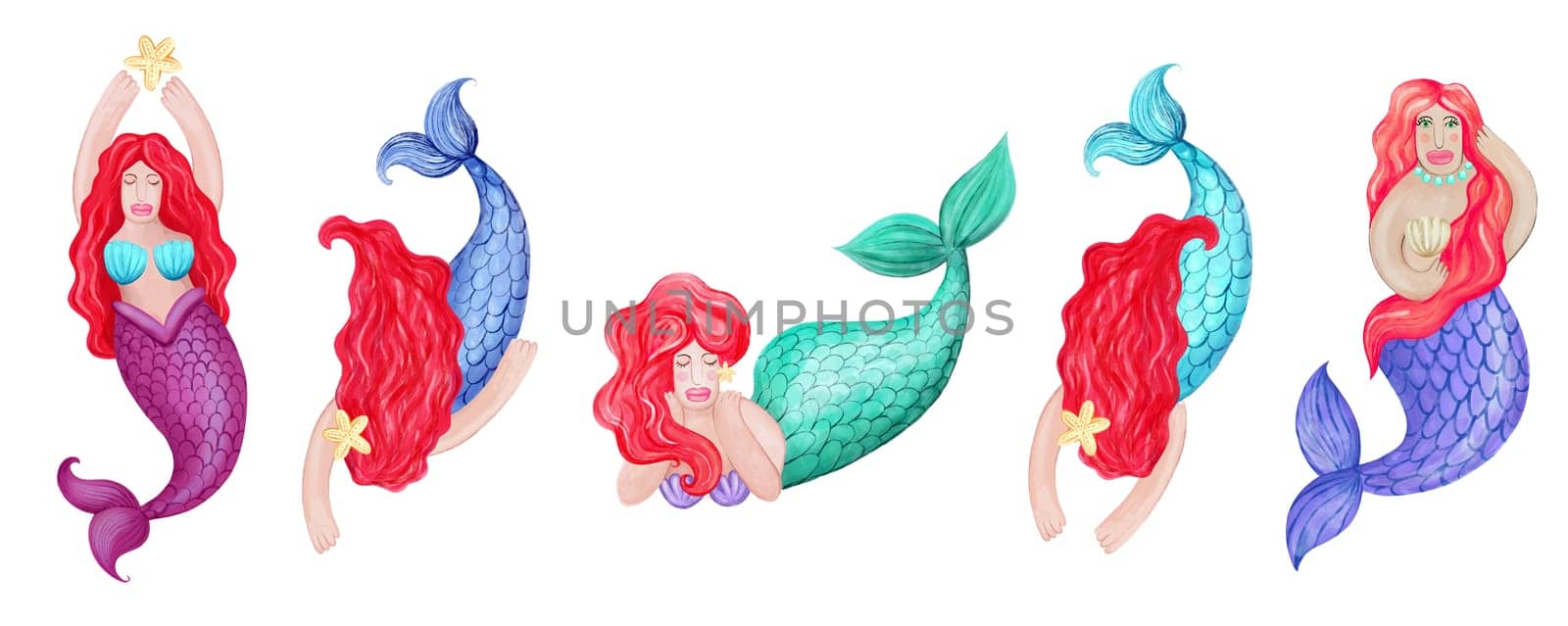 Collection of illustrations of various multicolored cartoon mermaids with fish tail isolated on white background