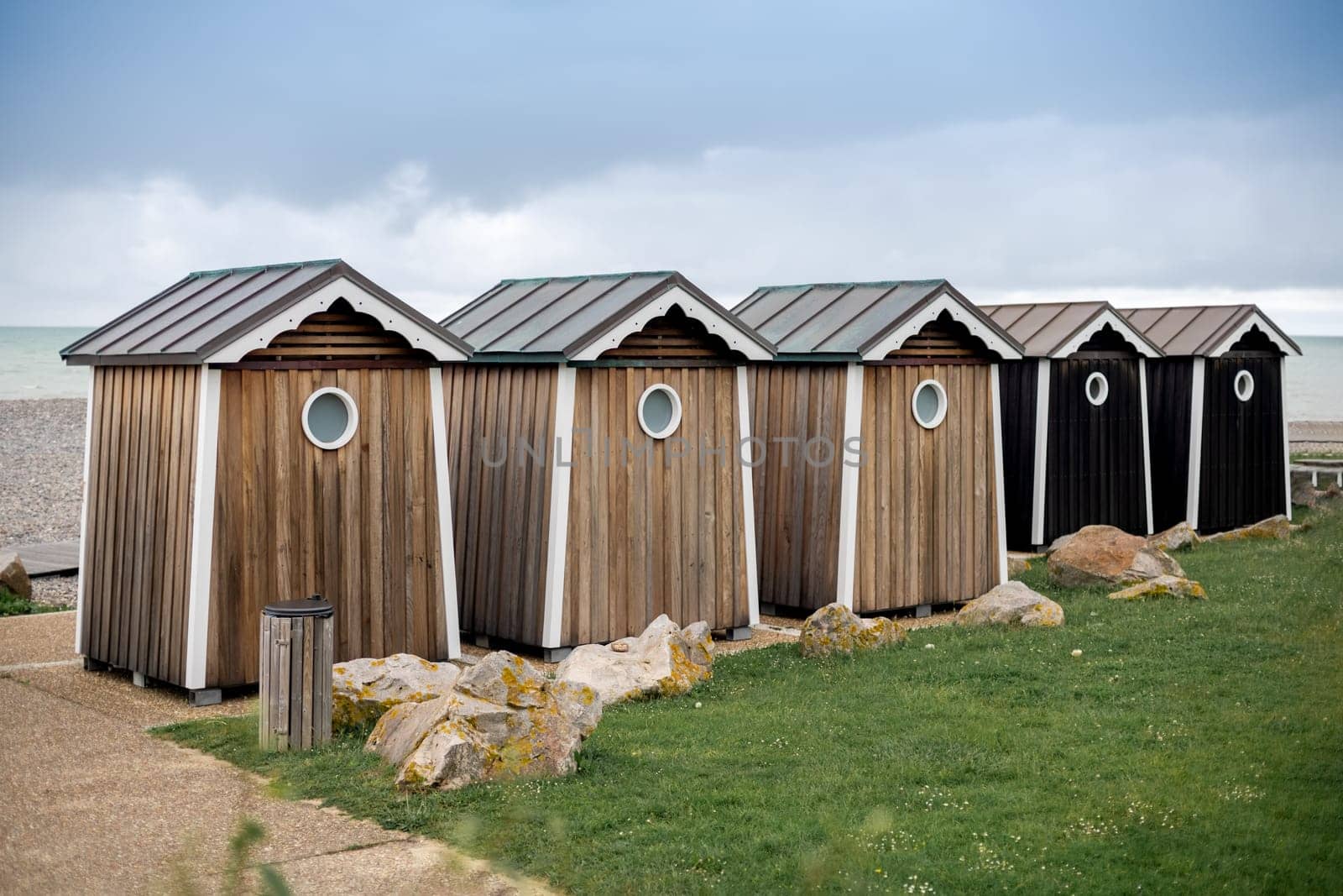 Wooden houses on the ocean coast bathing cabins at Saint marguerite sur mer