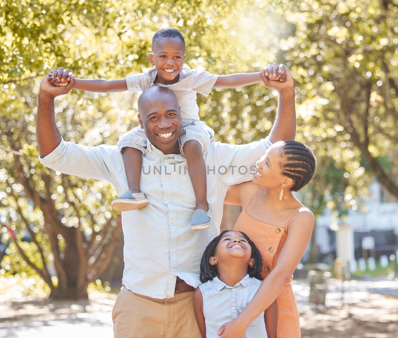 Portrait, mother or father with happy kids in park to relax with smile or wellness on family holiday together. African dad, mom or child bonding or smiling with lovely parents in nature in summer.