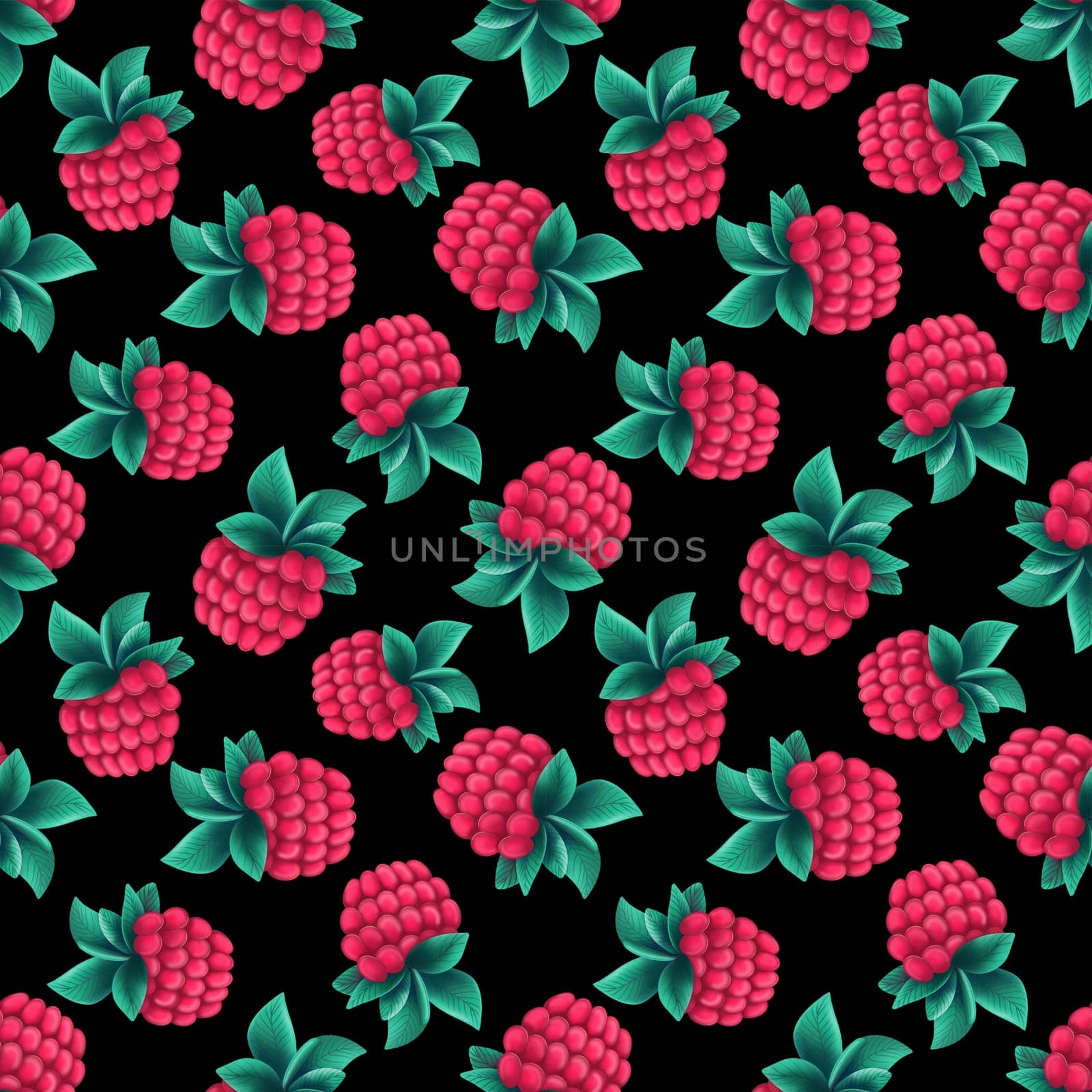 Seamless pattern with raspberry on a black background