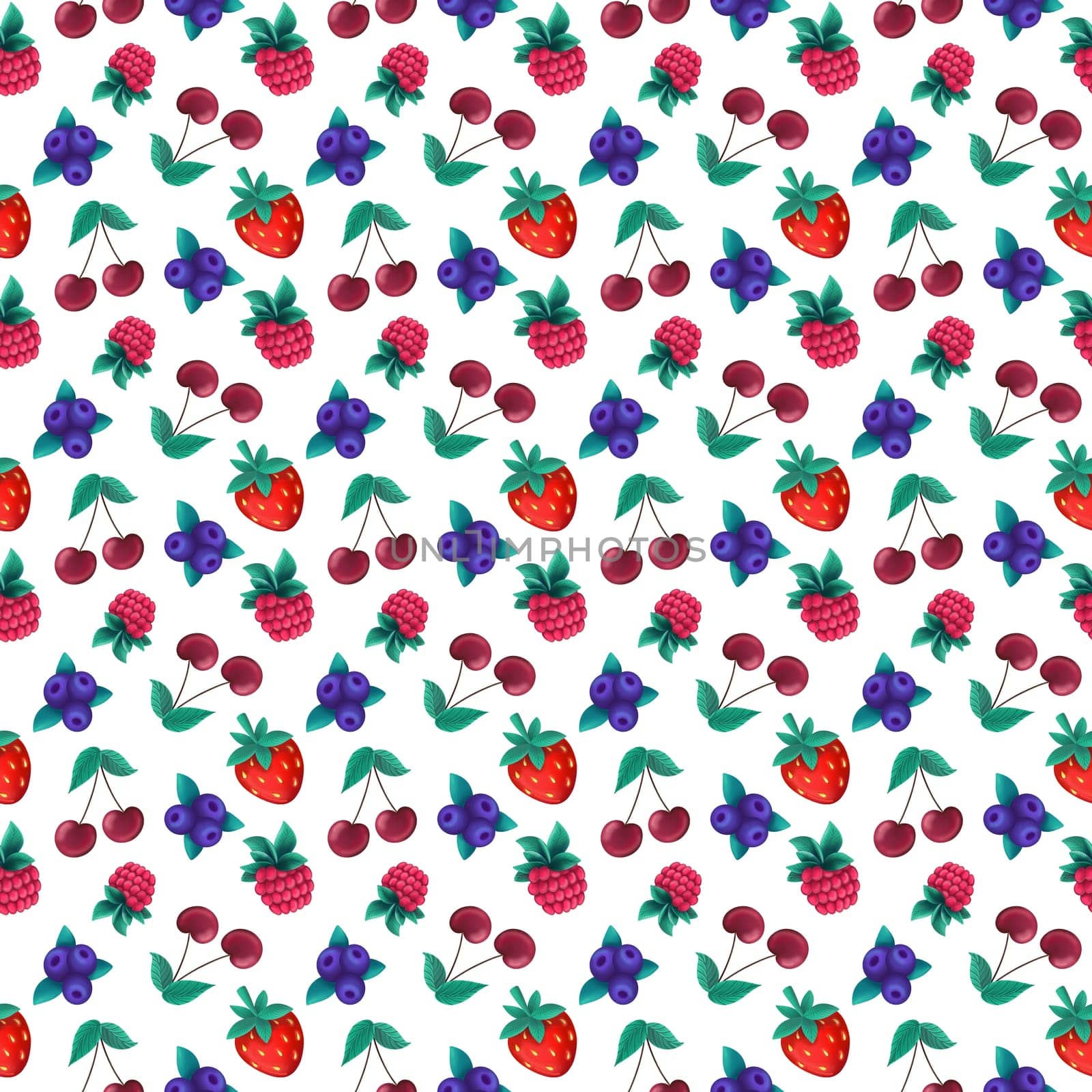 illustration of seamless background of assorted colorful berries on white isolated surface