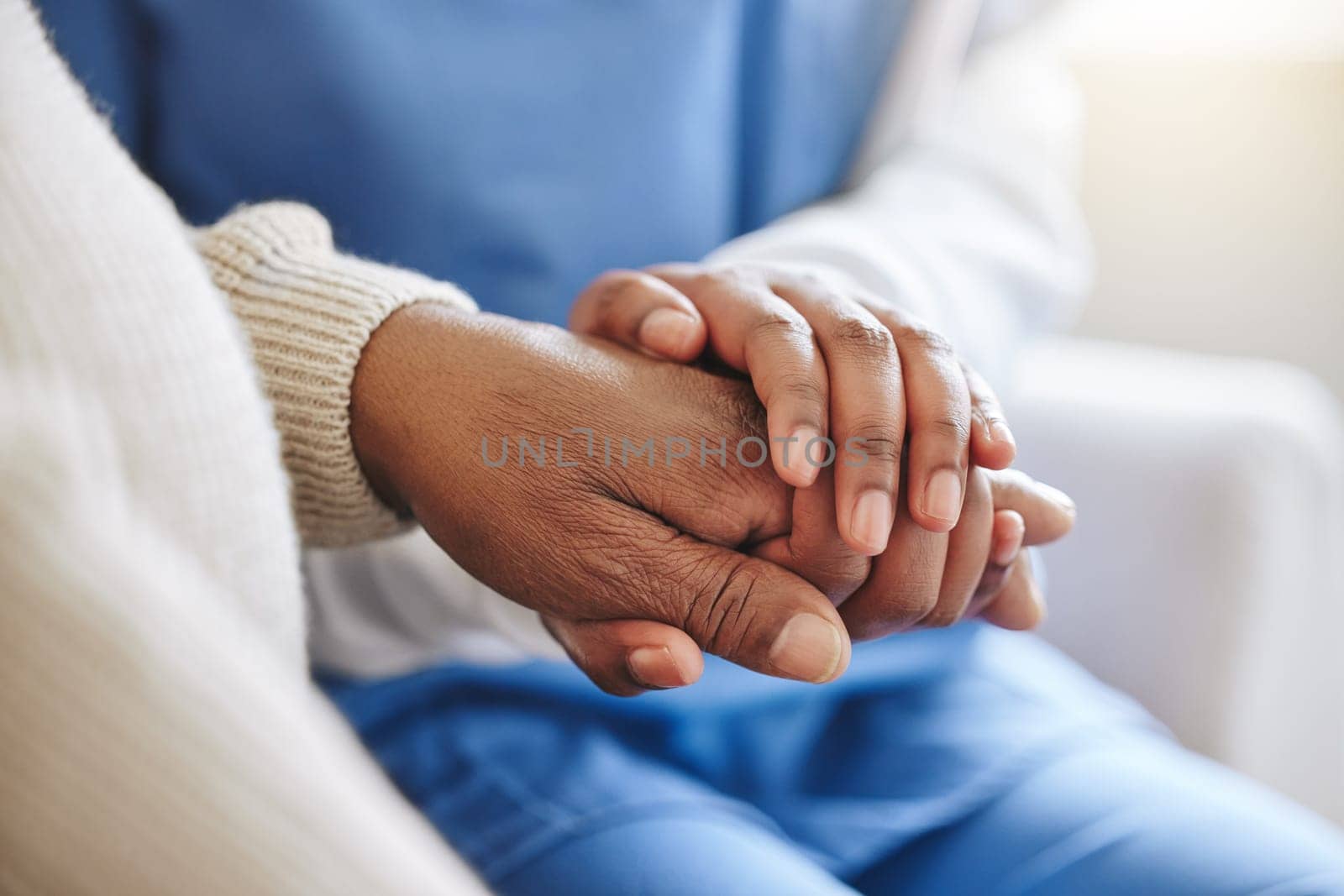 Senior patient, nurse and holding hands for support, healthcare or empathy at nursing home. Elderly person and caregiver together for trust, homecare and counseling or help for health in retirement.