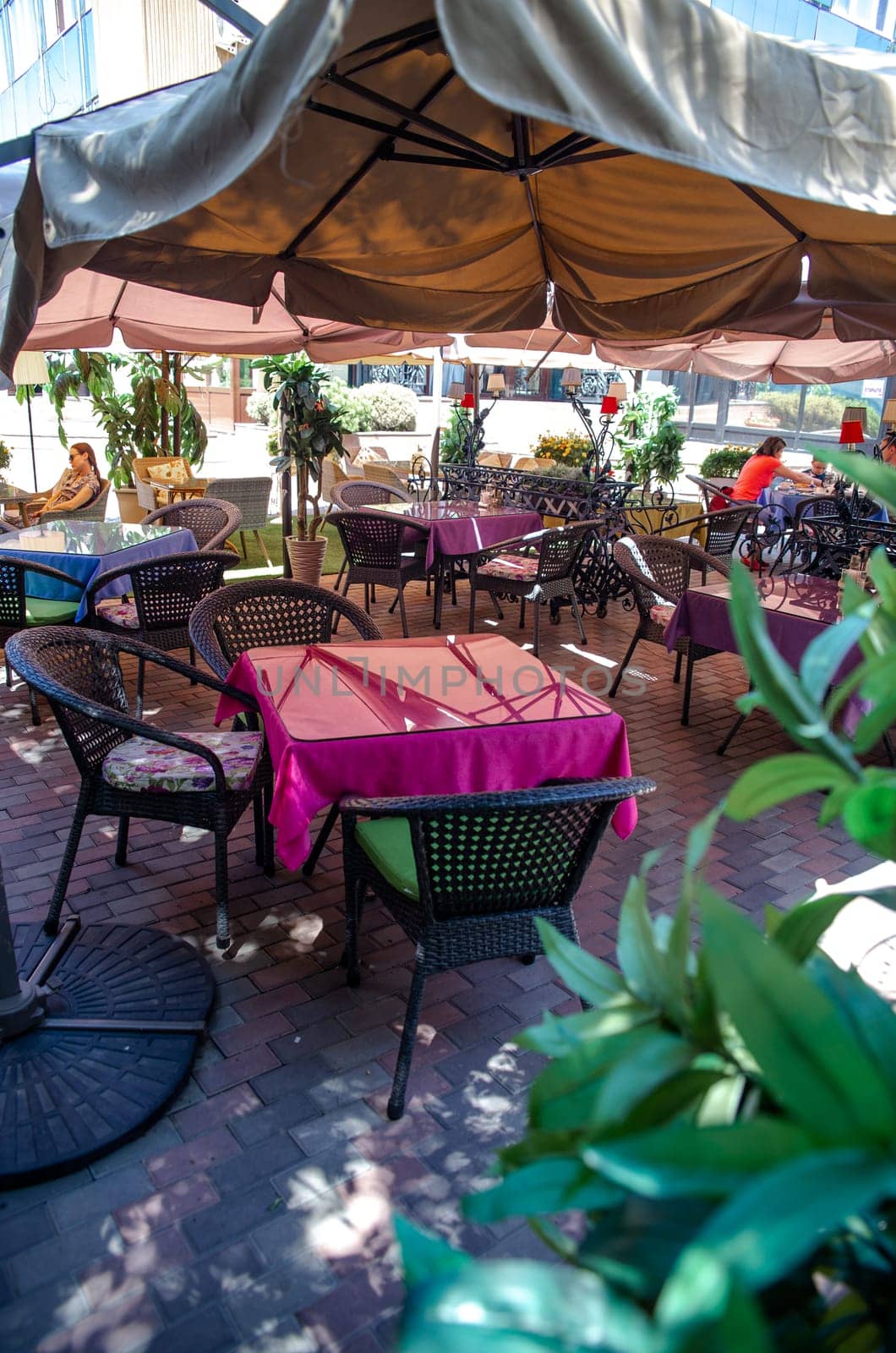 summer cafe on a sunny summer day. table under the canopy of a summer cafe.