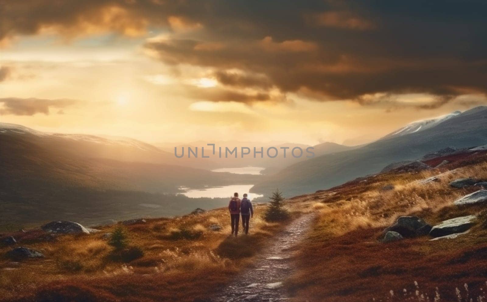 man nature sunset hiking trekking travel lifestyle walking tourist group mountain. Generative AI. by SHOTPRIME