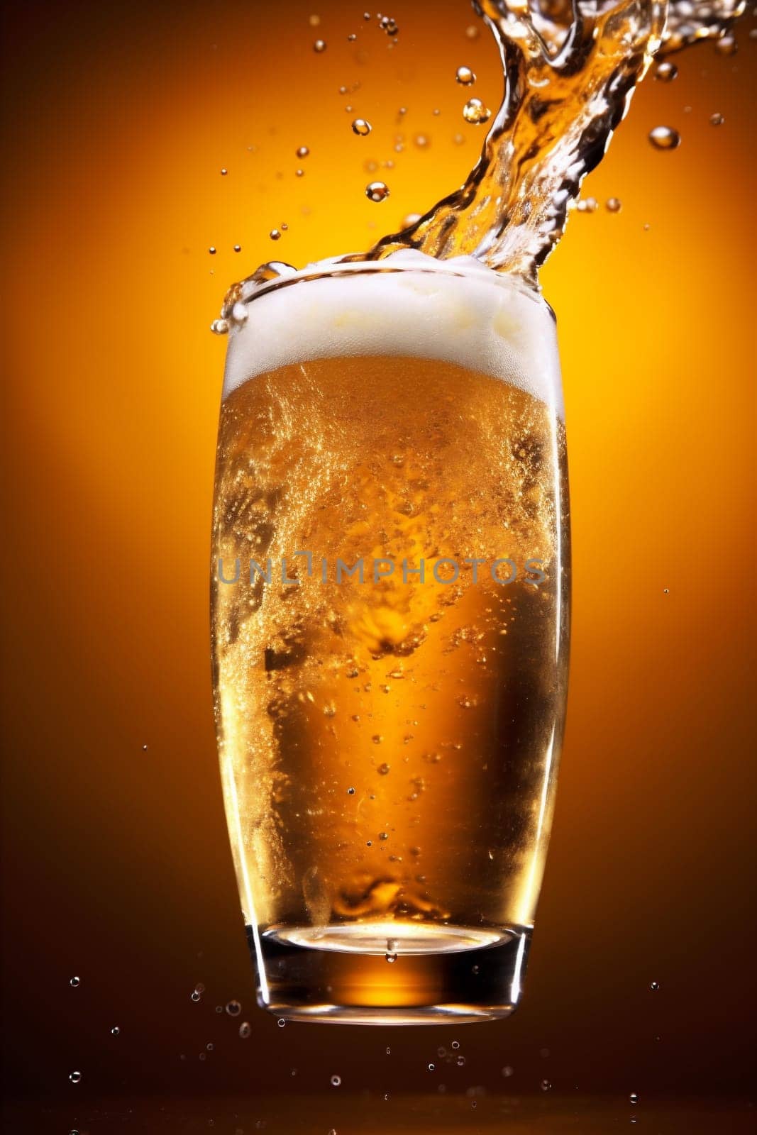 yellow liquid cold drink bubble spill closeup lager dripped alcohol beer gradient brewery froth foam abstract splashing background splash gold glass. Generative AI.