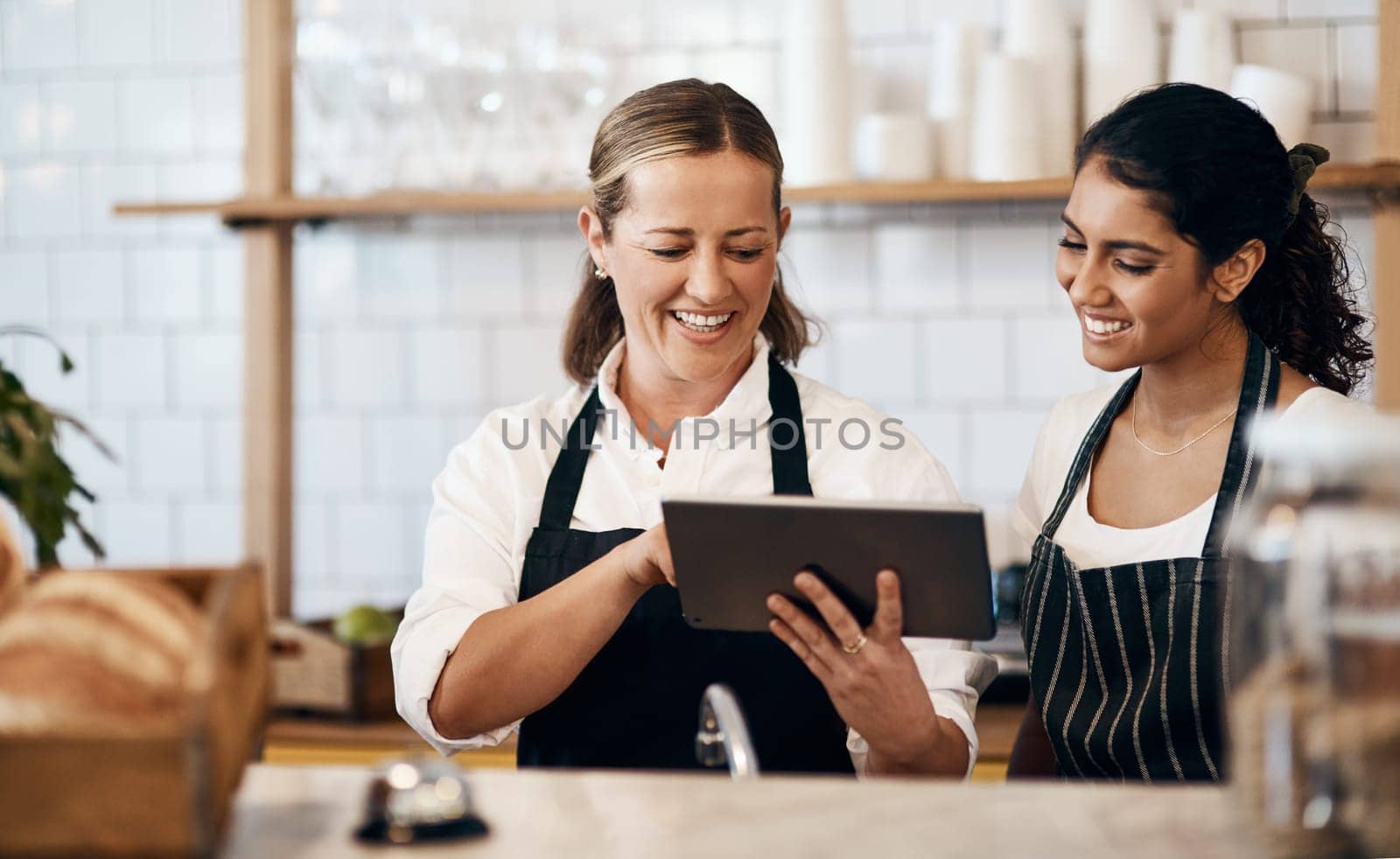 Modern tech makes them a more productive team. two women using a digital tablet together while working in a cafe