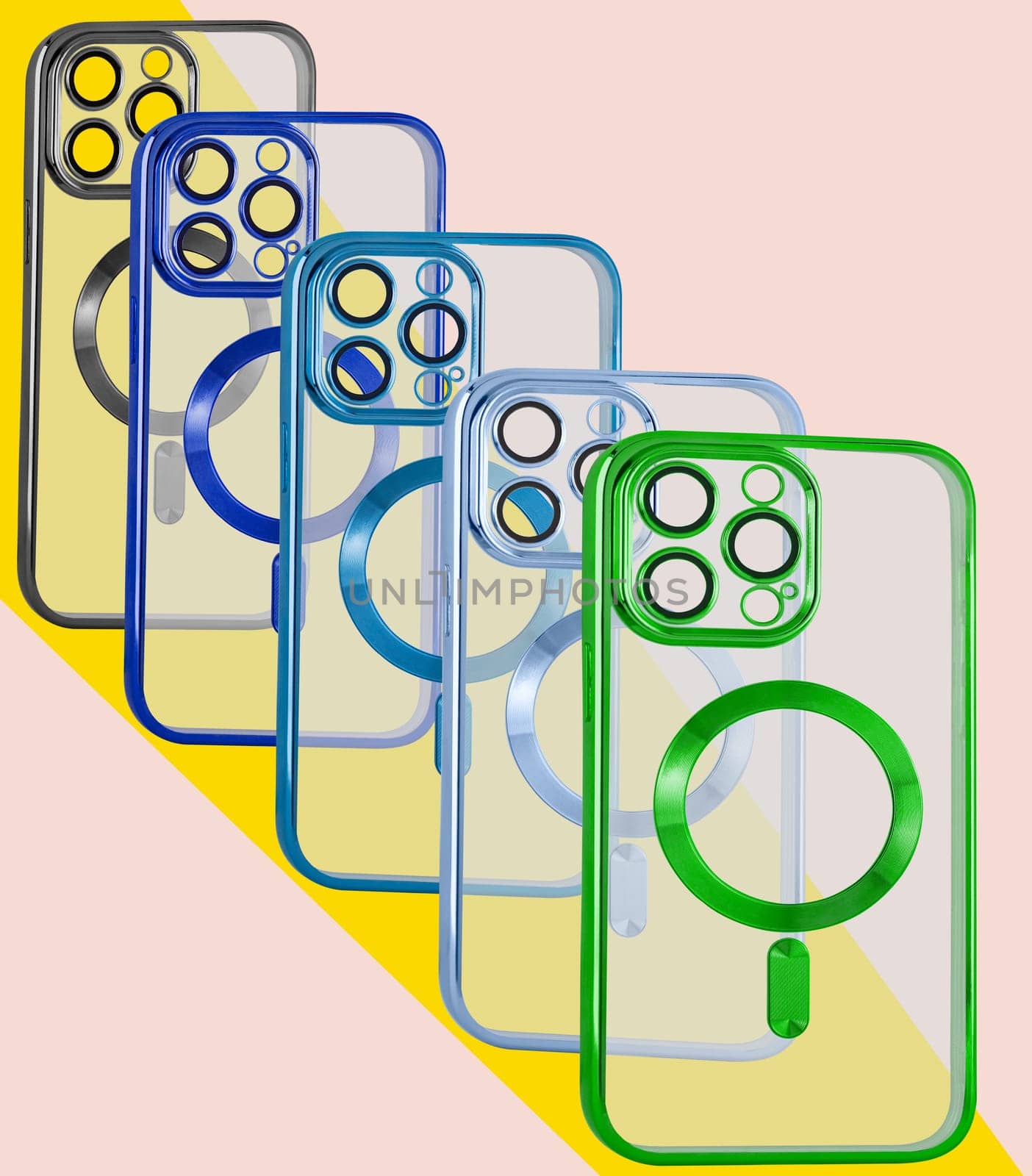 silicone phone cases on a colored background exhibited in a row