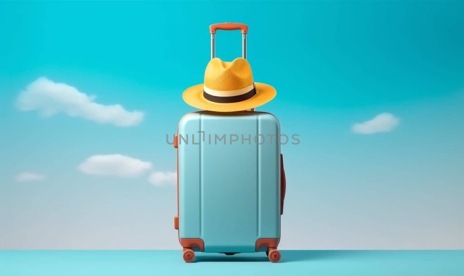 vacation suitcase concept sunscreen trip travel background traveler large mockup air yellow journey holiday design bag leisure luggage hat baggage blue. Generative AI.