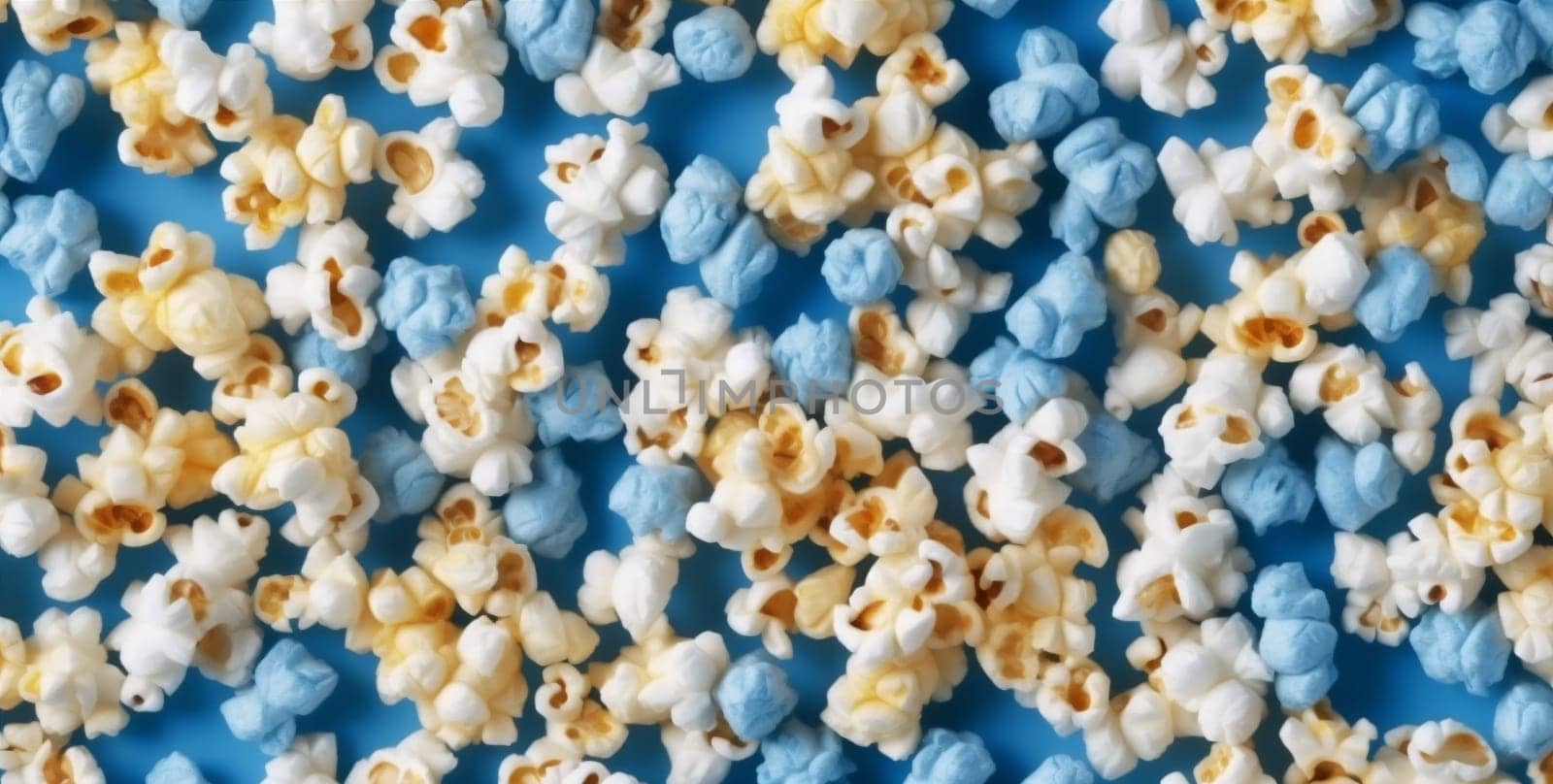 white snack classic bucket corn food art paper closeup background blue box poster entertainment crunchy popcorn salted full cinema eat space. Generative AI.