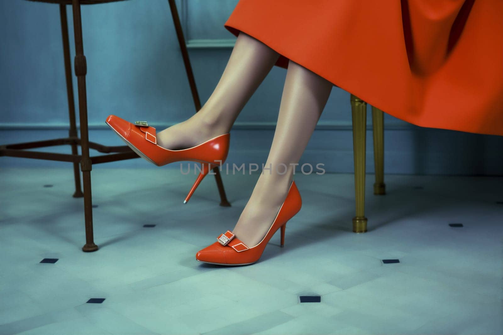 woman shoe fashion blue foot red model leg concept beautiful colorful. Generative AI. by SHOTPRIME