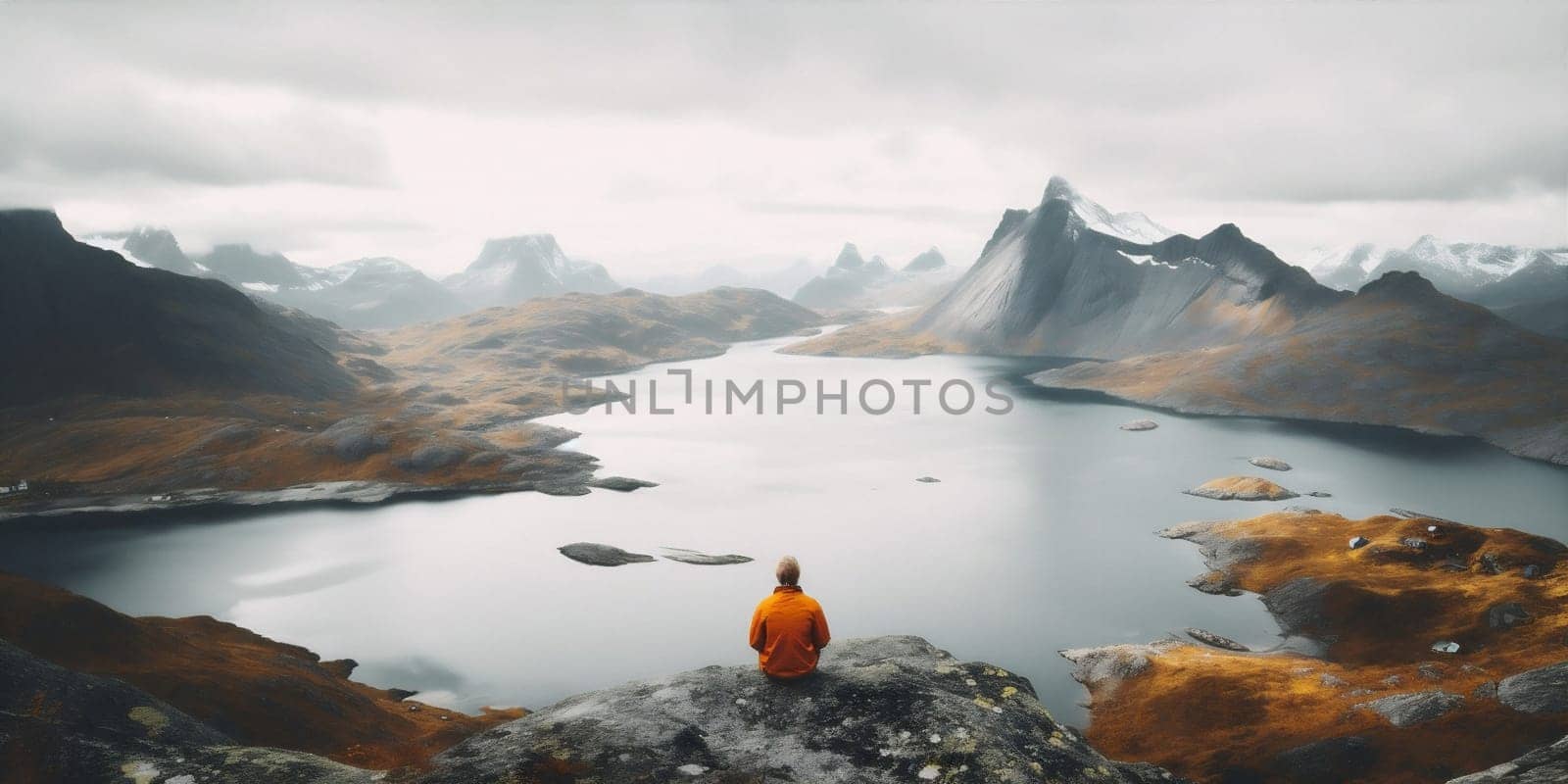 man happiness water mountain nature hiking yellow young looking tent hiker rock happy summer cape scenery back lake person travel concept. Generative AI.