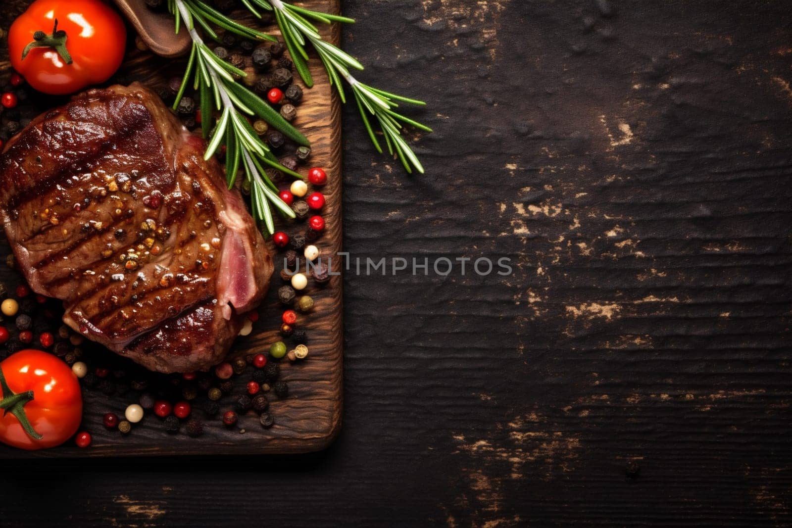grill herb red background steak dark beef meat raw fried food. Generative AI. by SHOTPRIME