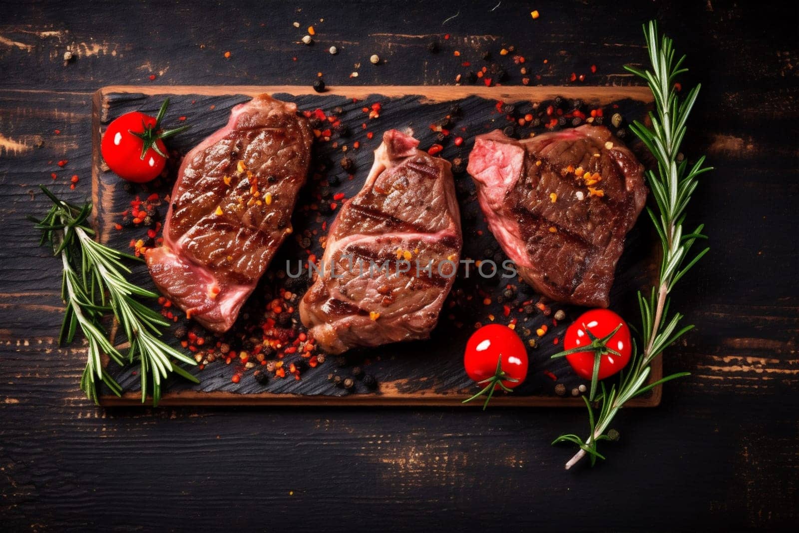 beef salt raw red fillet dinner bar-b-q food black fresh preparation herb slice wooden cooking meat steak dark background fried grill. Generative AI.