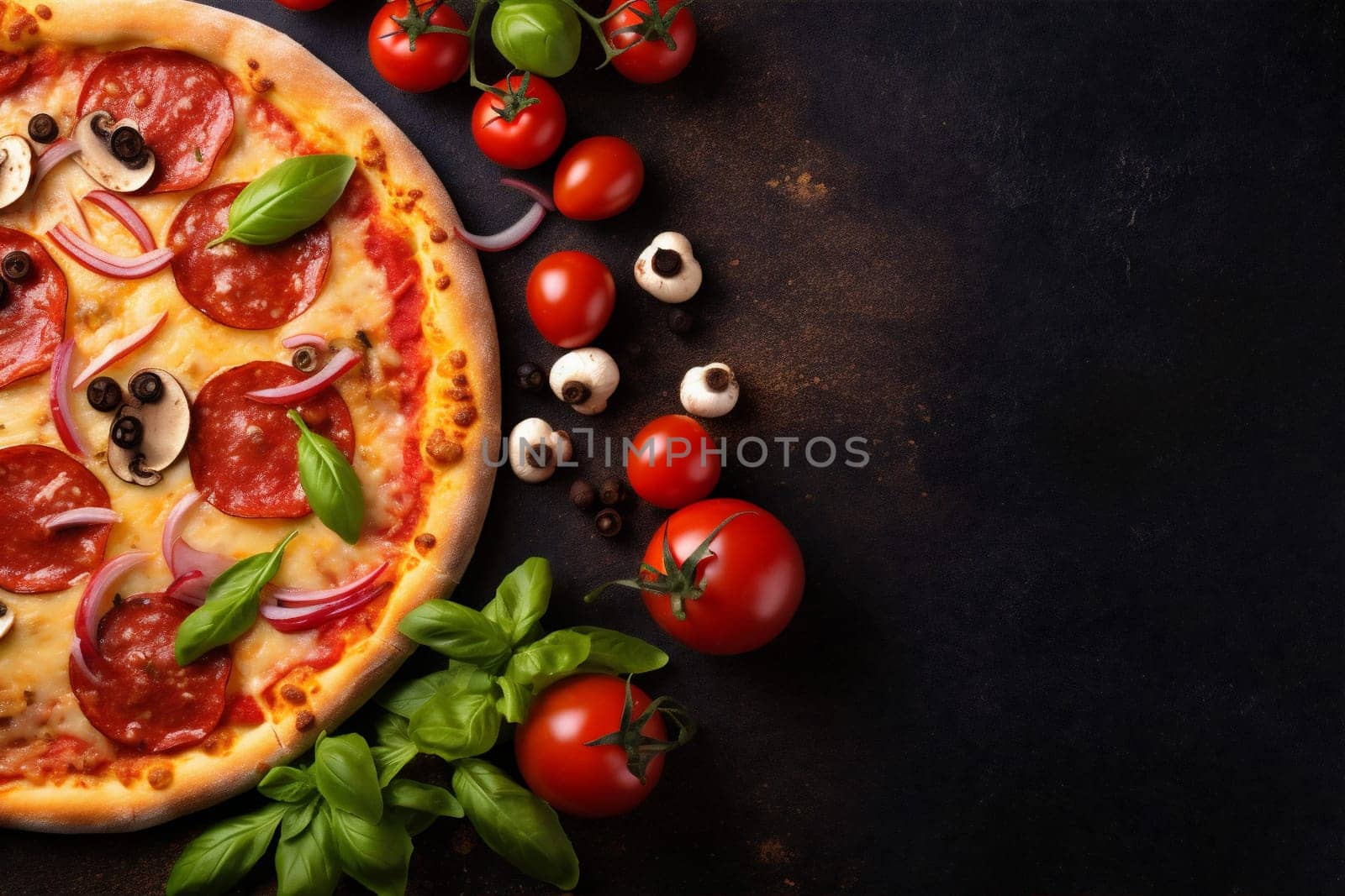 black pizza italian background copy tomato cheese fast food red food space meal. Generative AI. by SHOTPRIME