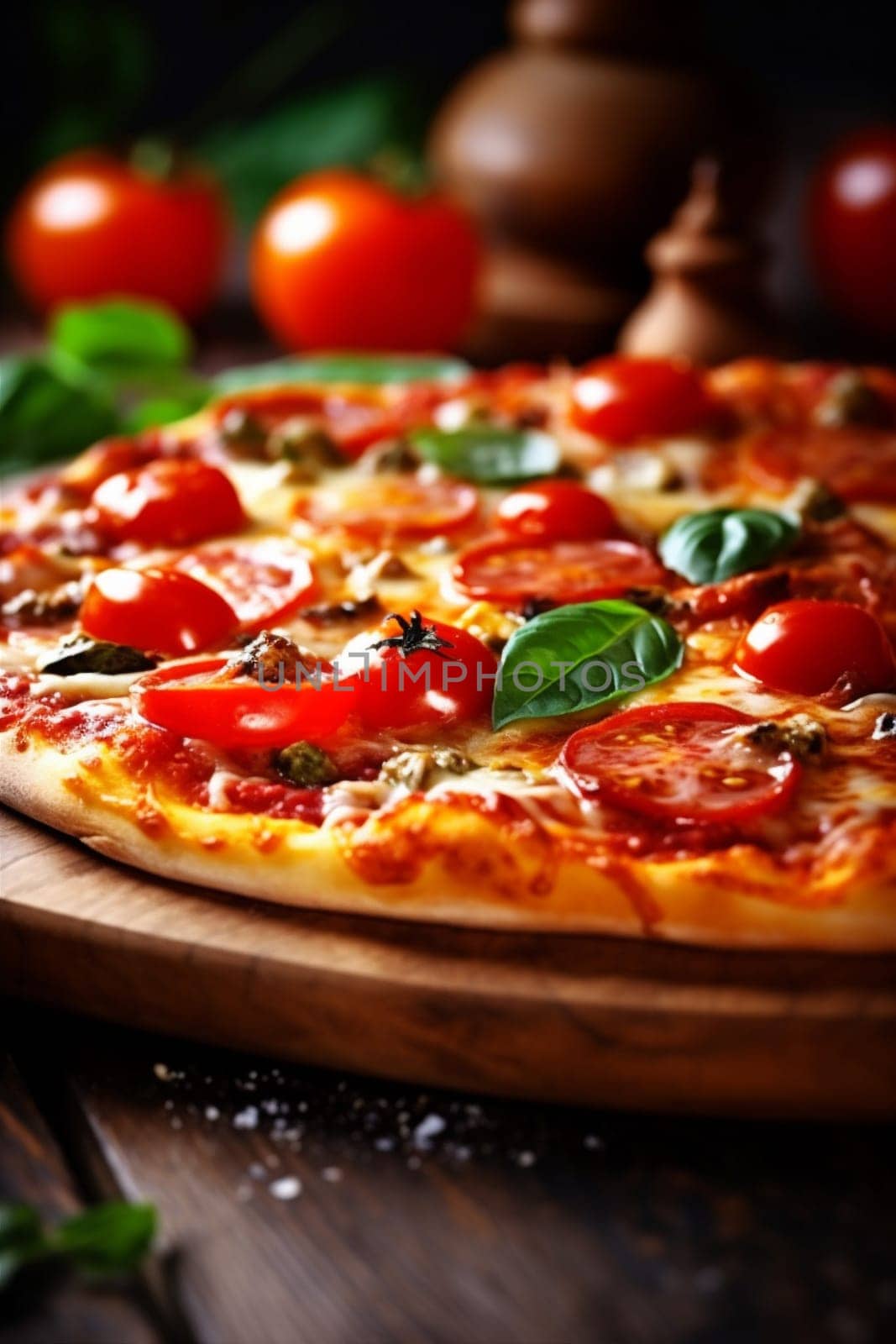 food meal space copy italian food cheese background slice fast tomato pizza black. Generative AI. by SHOTPRIME