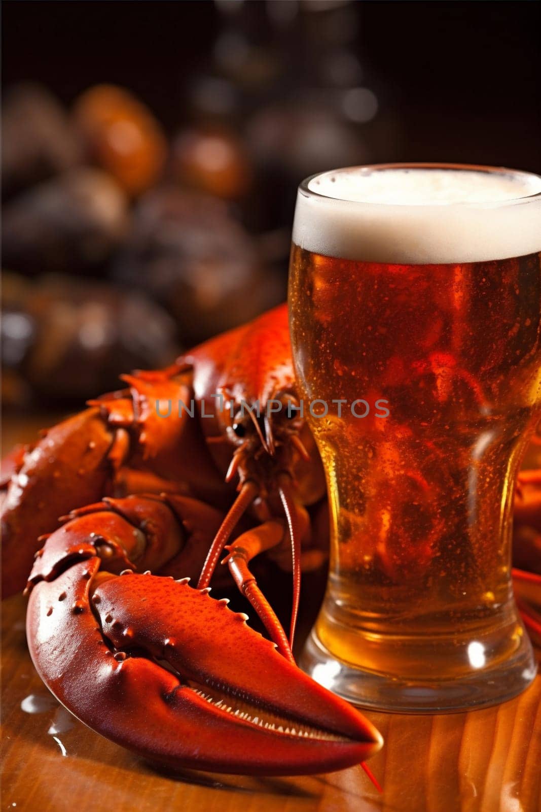 healthy food fresh crayfish snack nutrition alcohol beer beverage dark red glass background crawfish freshness glass wooden crab closeup seafood beer shellfish. Generative AI.