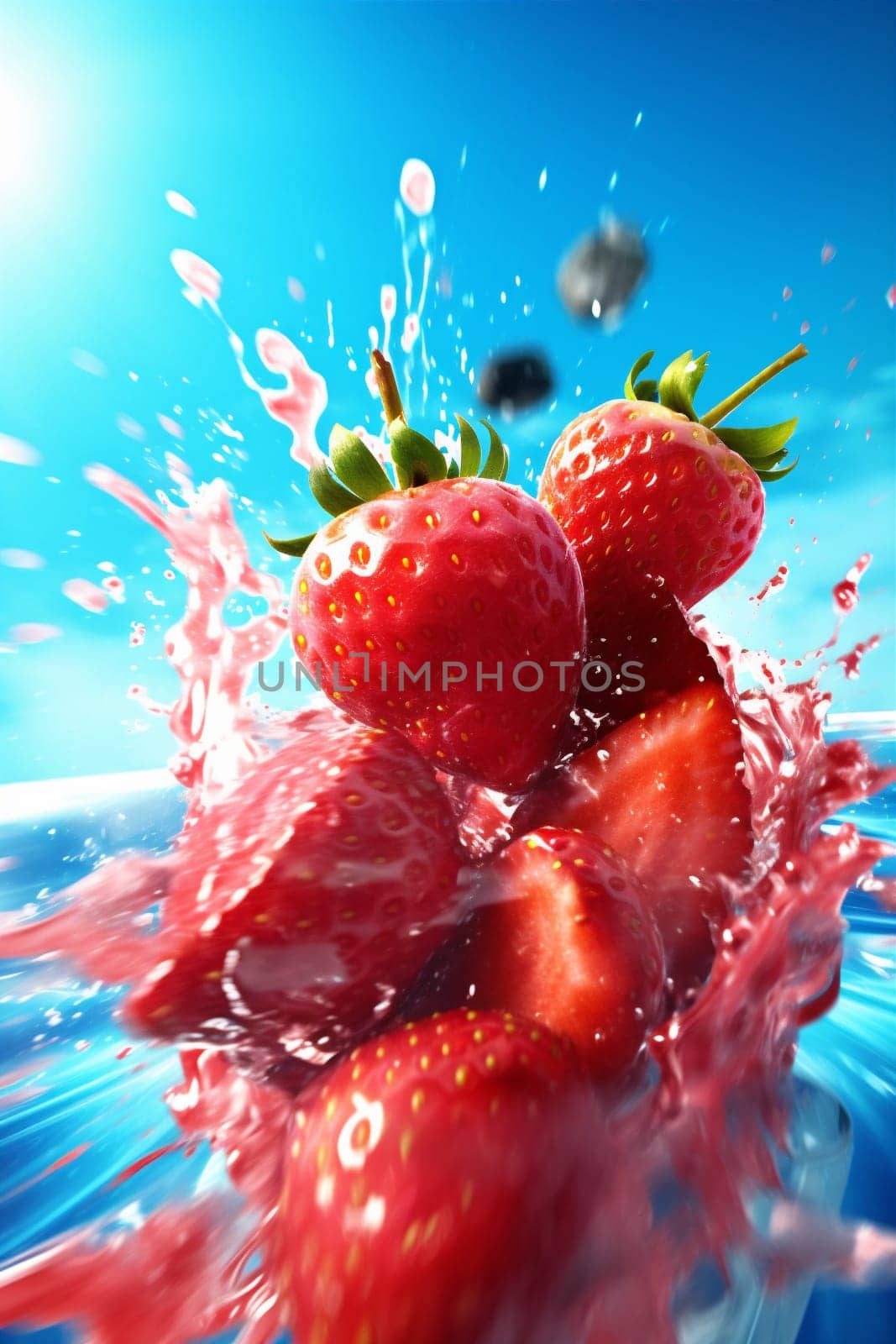 red fruit background fresh healthy strawberry water blue splash freshness food. Generative AI. by SHOTPRIME