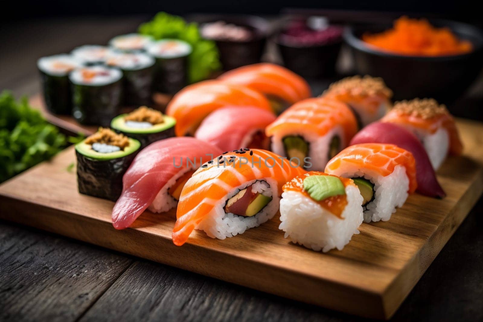 set japan rice meal japanese sushi roll seafood fish food. Generative AI. by SHOTPRIME