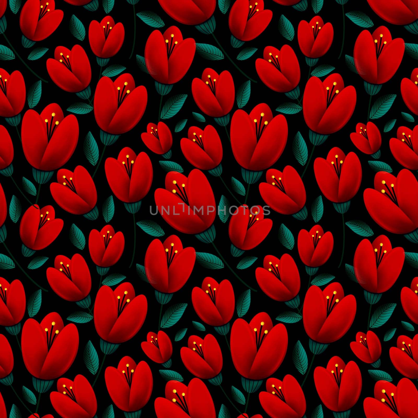 seamless pattern of bright red tulip flowers with green leaves on black background