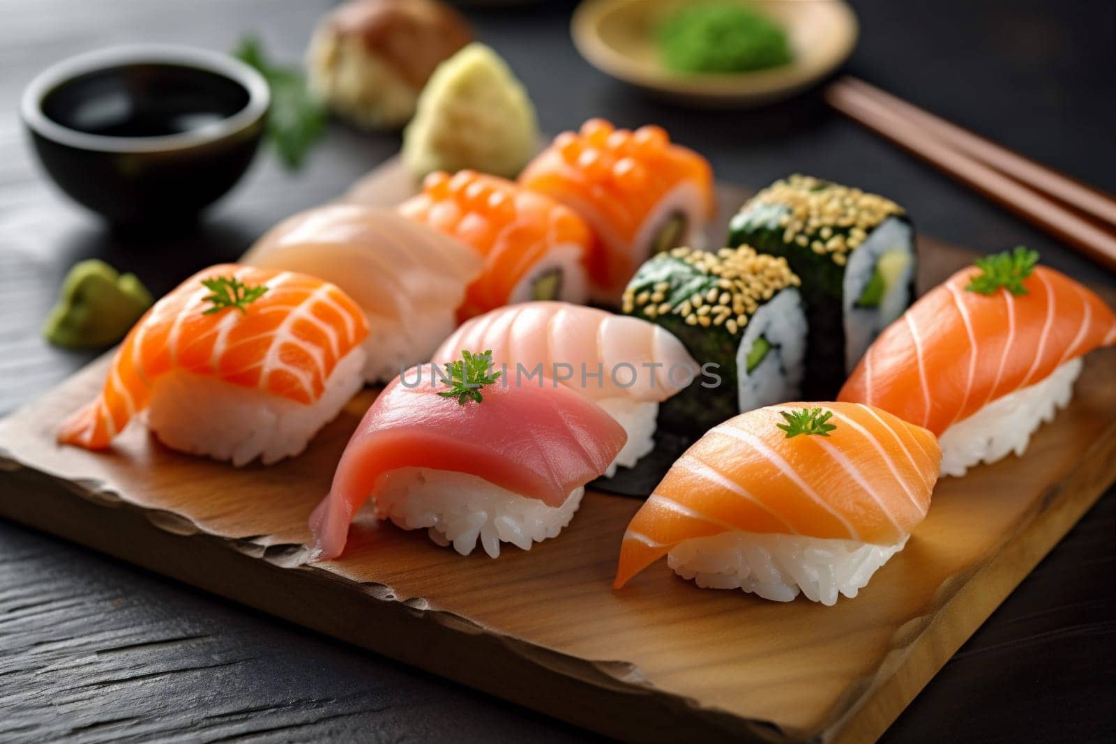food set rice fish sushi roll japanese seafood meal japan. Generative AI. by SHOTPRIME