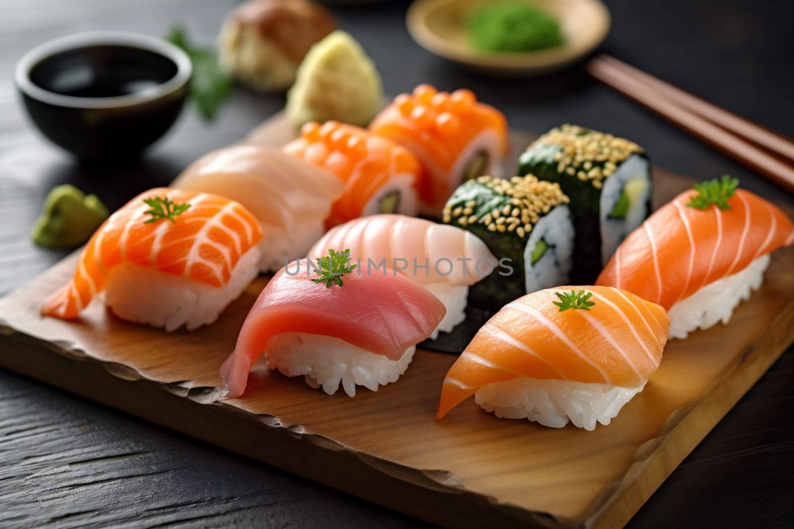 roll asian up sushi set top avocado sauce lunch food maki diet japan meal restaurant seafood rice japanese dish fish close. Generative AI.