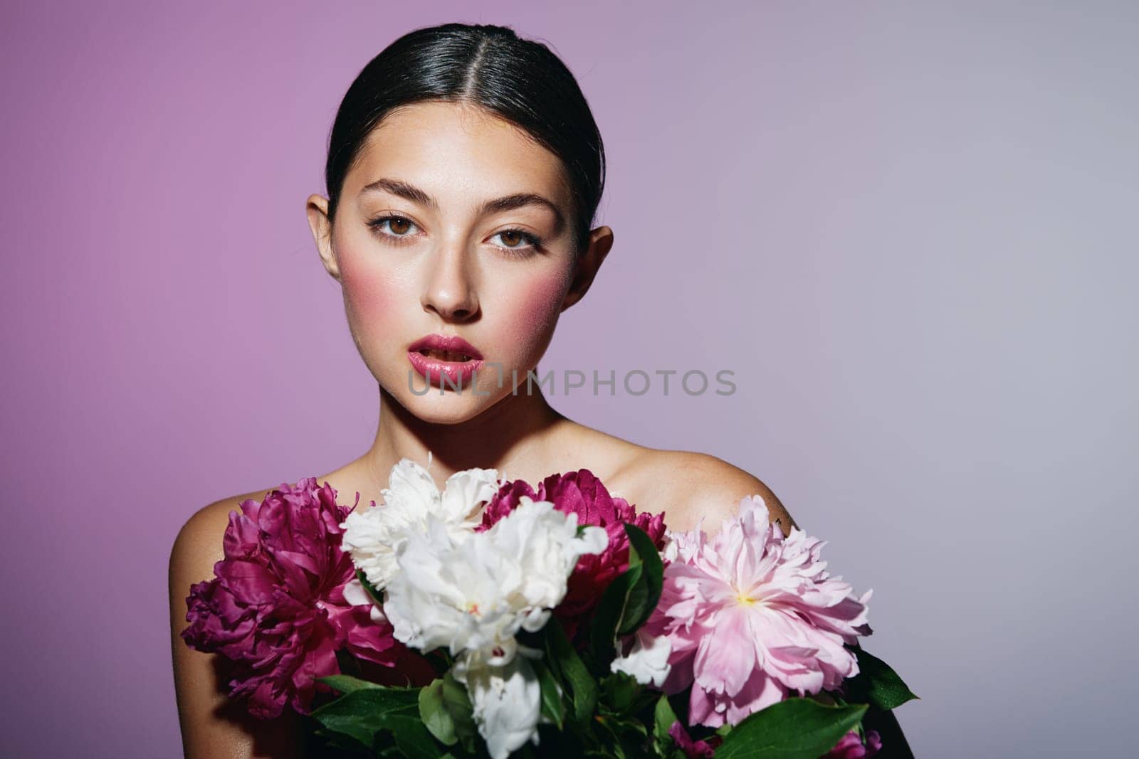 portrait woman face blush pink female flower model make-up girl beauty by SHOTPRIME