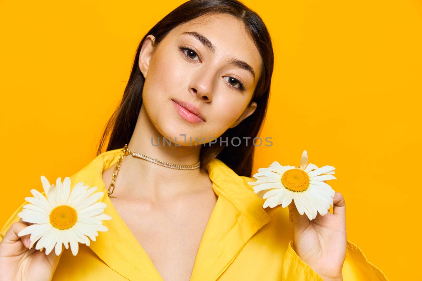 yellow woman flower pretty portrait happiness smile happy young chamomile model by SHOTPRIME