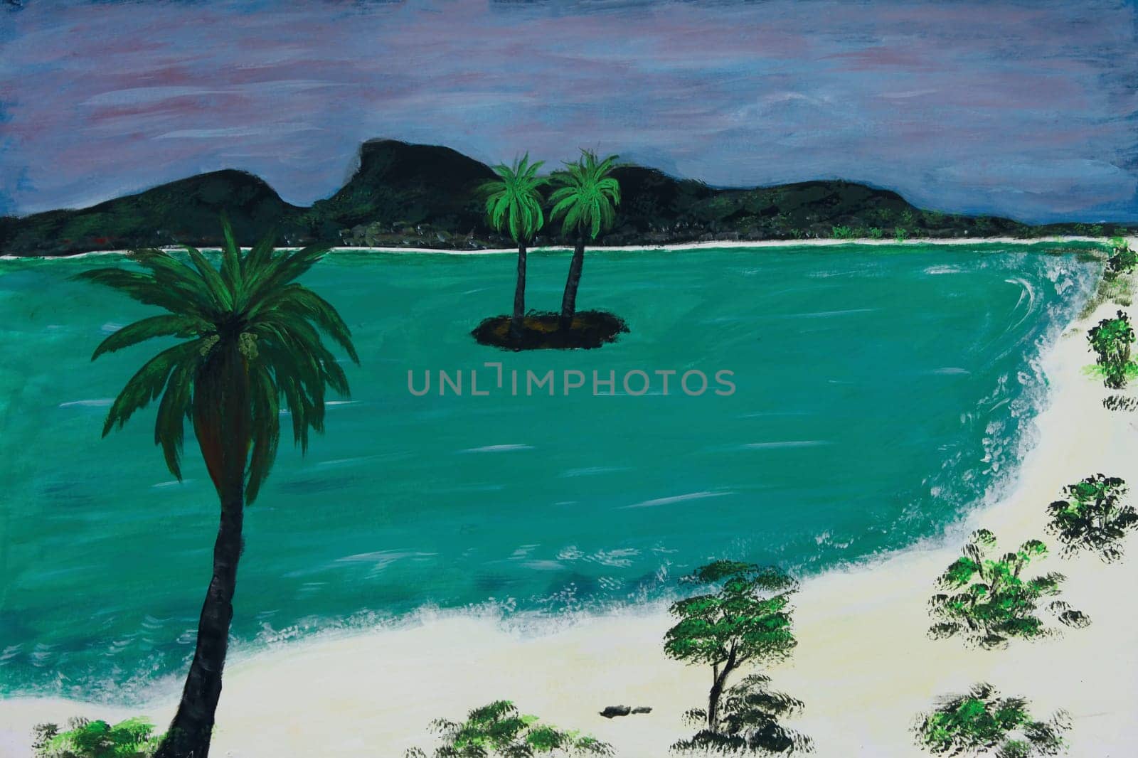 Oil painting of Sandy tropical  beach islands with sea green water