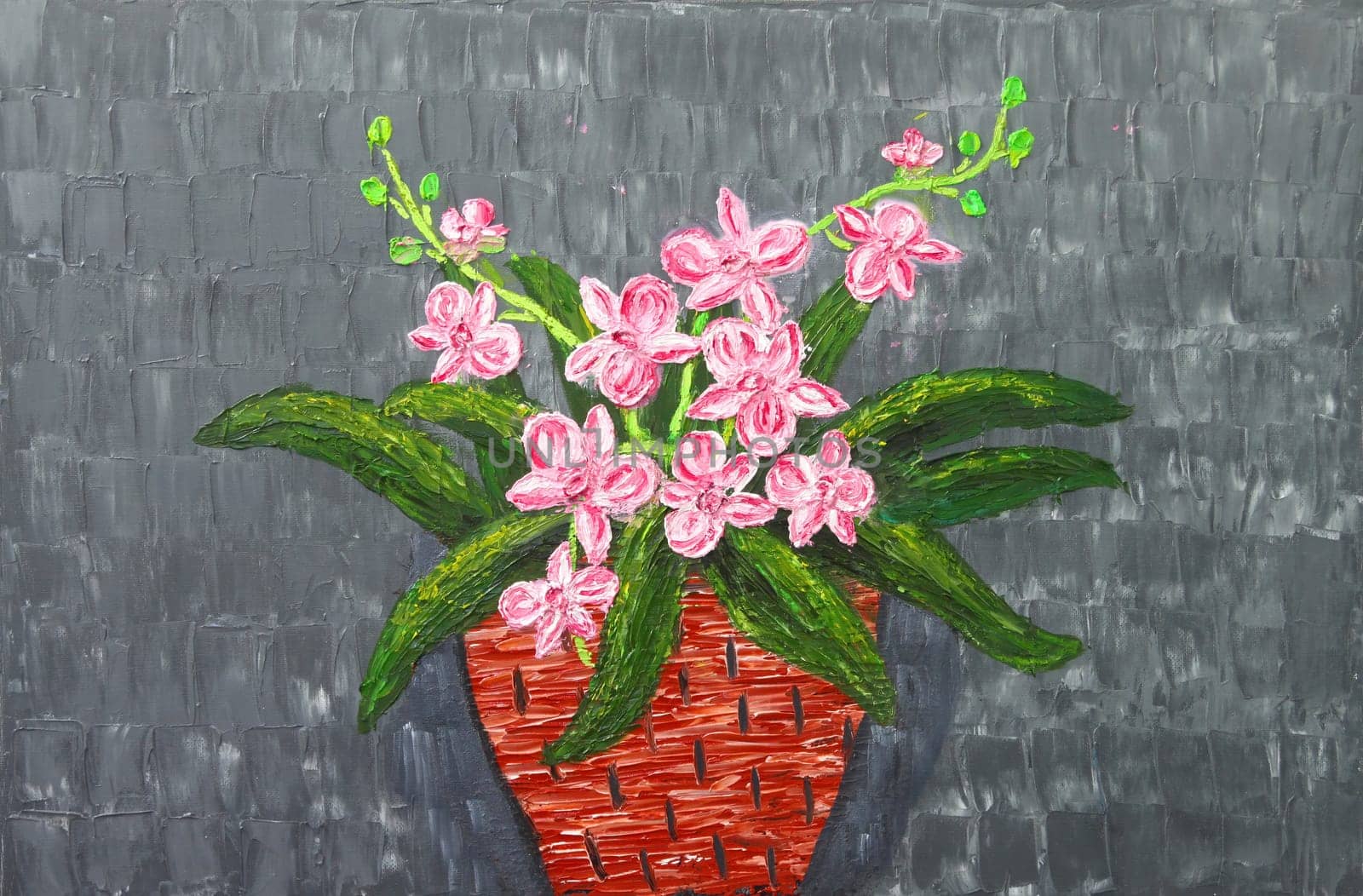Oil painting of Red and white orchids growing in red clay pot