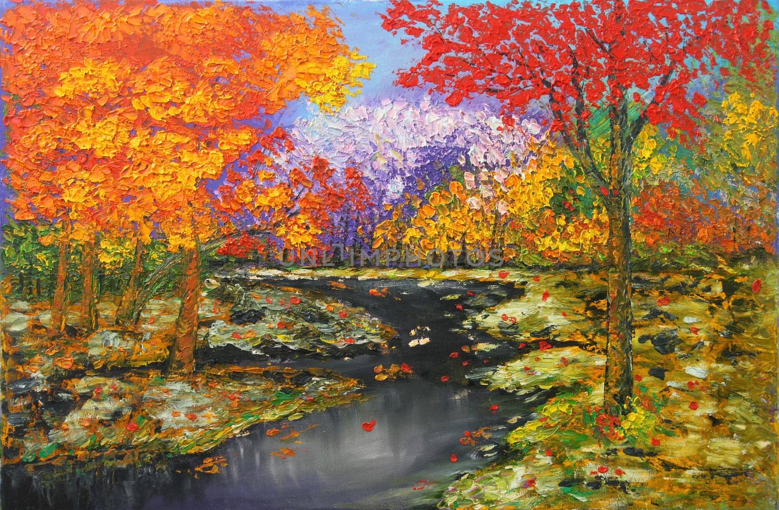 Oil painting of Winter river running through colorful autumn forest