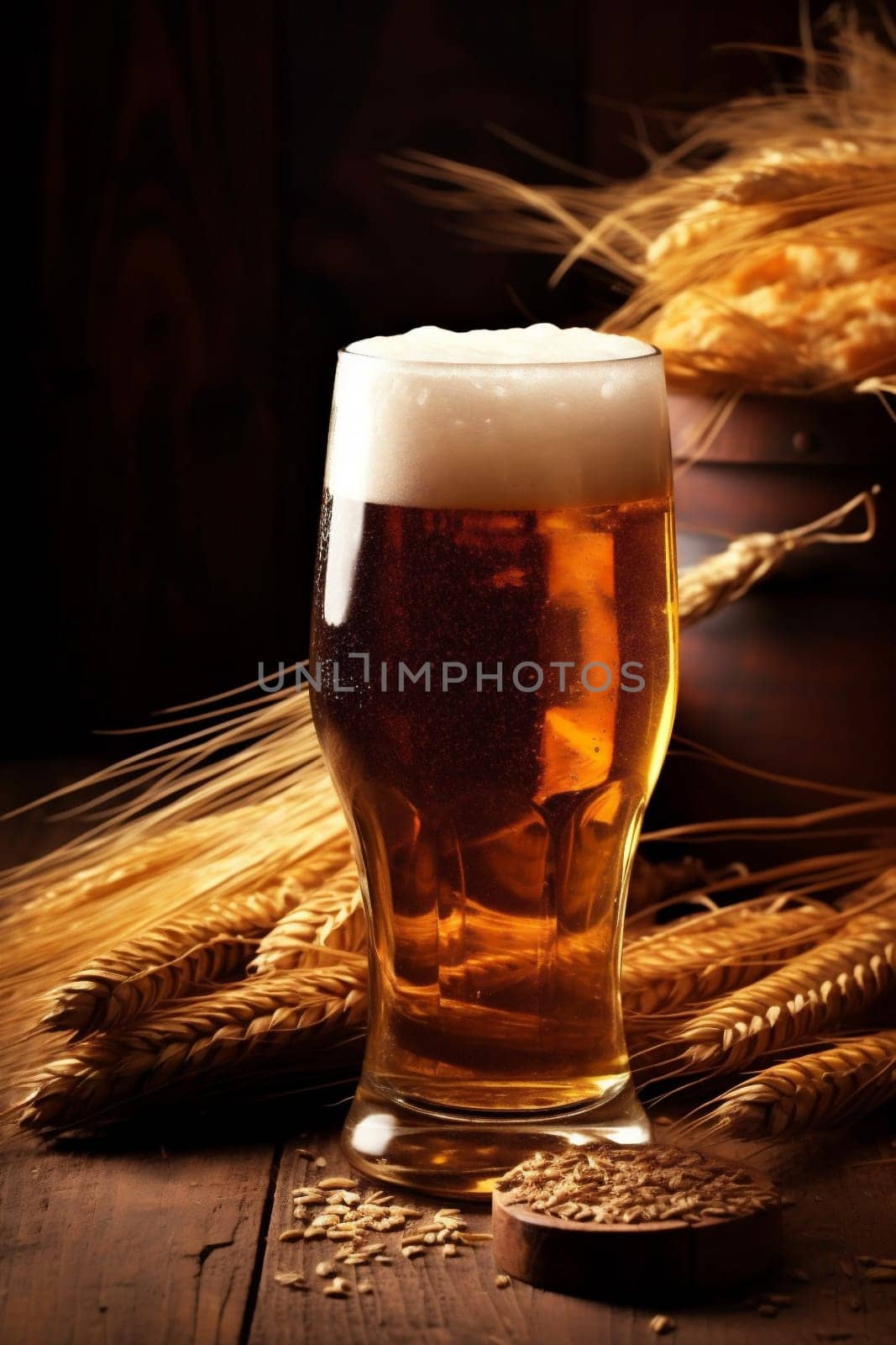 pint beverage beer alcohol gold foam lager glass drink pub. Generative AI. by SHOTPRIME