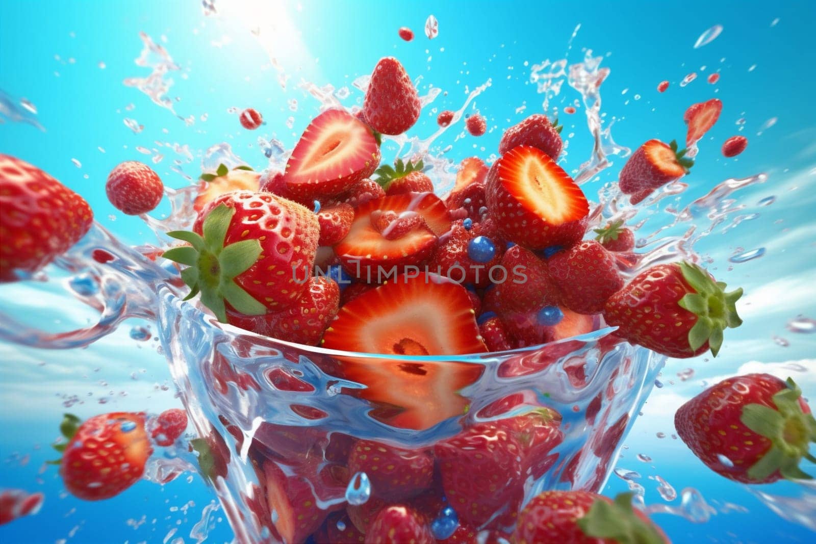 vitamin strawberry fruit splash macro background motion blue healthy red background delicious water freshness fresh clean nature fallen beautiful clear food. Generative AI.