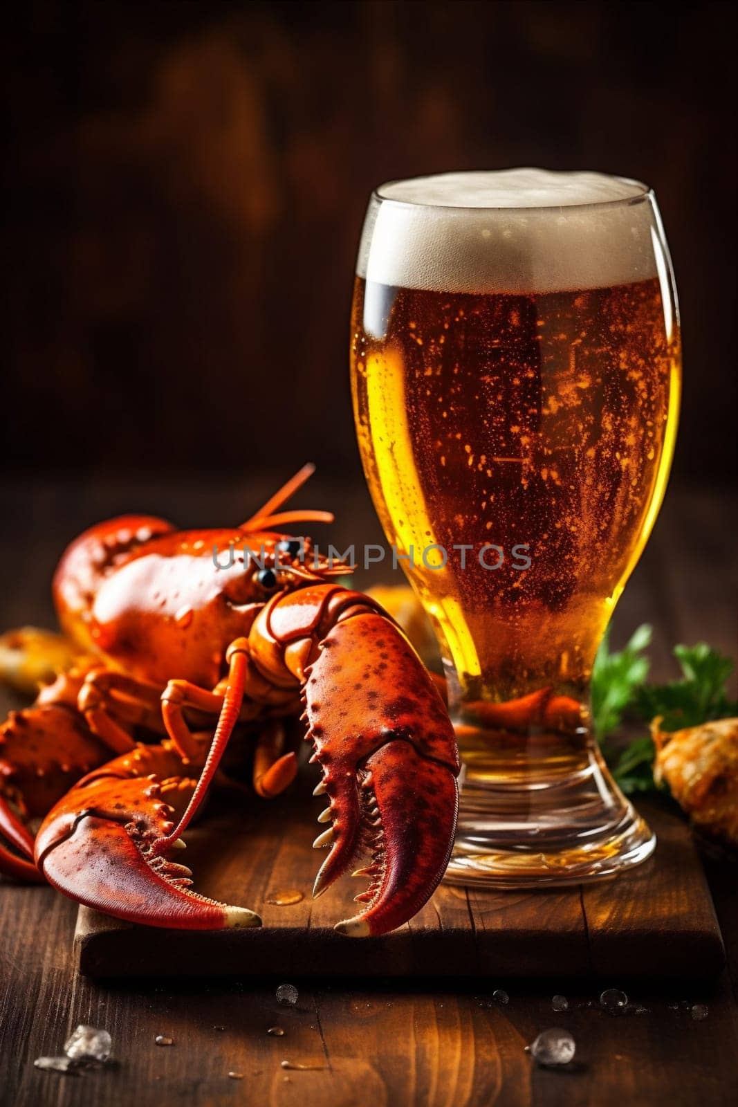 crayfish glass crawfish river crab fresh dark cooked red nutrition claw rustic seafood beer glass bar food freshness background snack tasty beer. Generative AI.