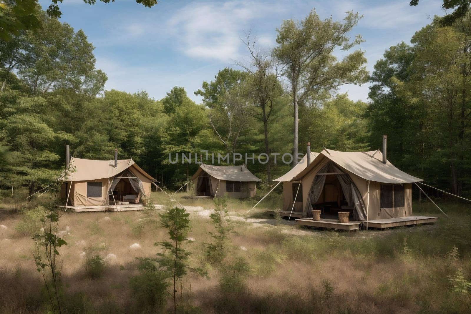 tent camp glamping decor vacation relax canvas green luxury nobody light bed camping tourism forest comfort interior travel cozy nature. Generative AI.