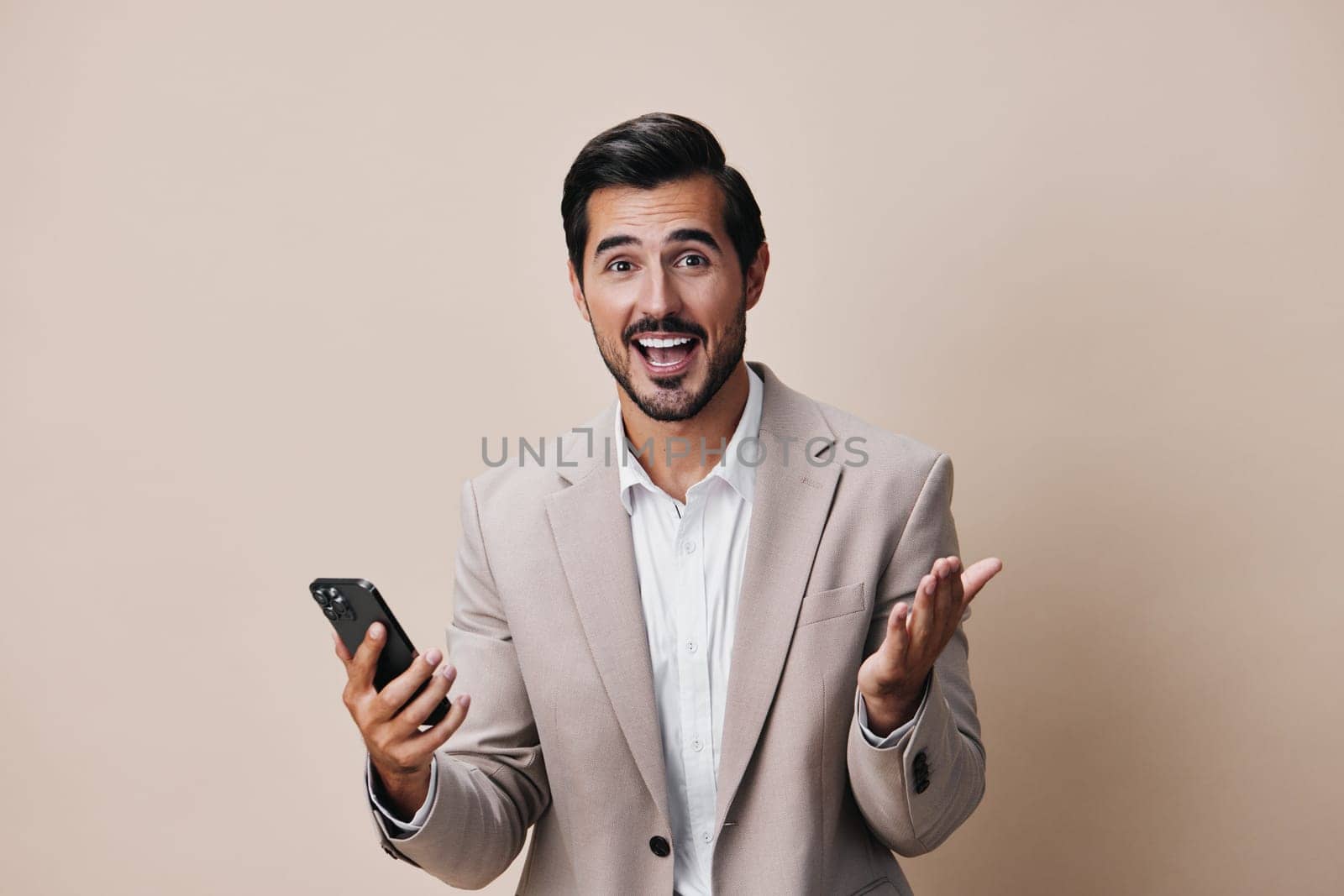 man phone studio beard selfies male copy space call happy smile trading smartphone guy hold confident portrait mobile app business cyberspace suit