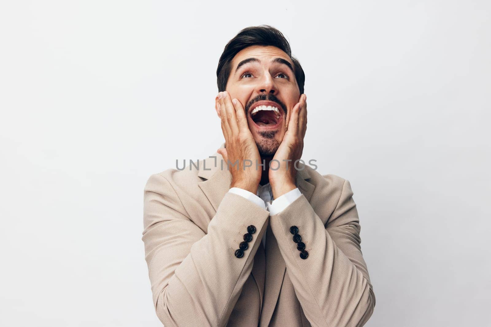 businessman man arm victory hand business happy beige smiling suit winner by SHOTPRIME