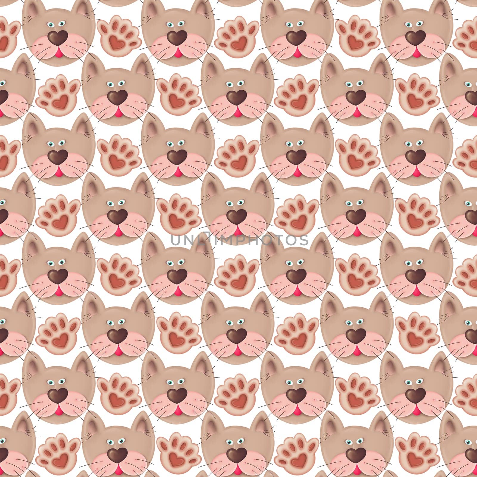seamless pattern with cat heads and paws on a white background