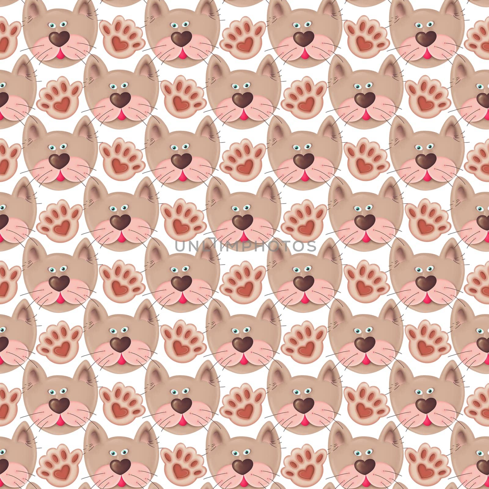 seamless pattern with cat heads and paws on a white background