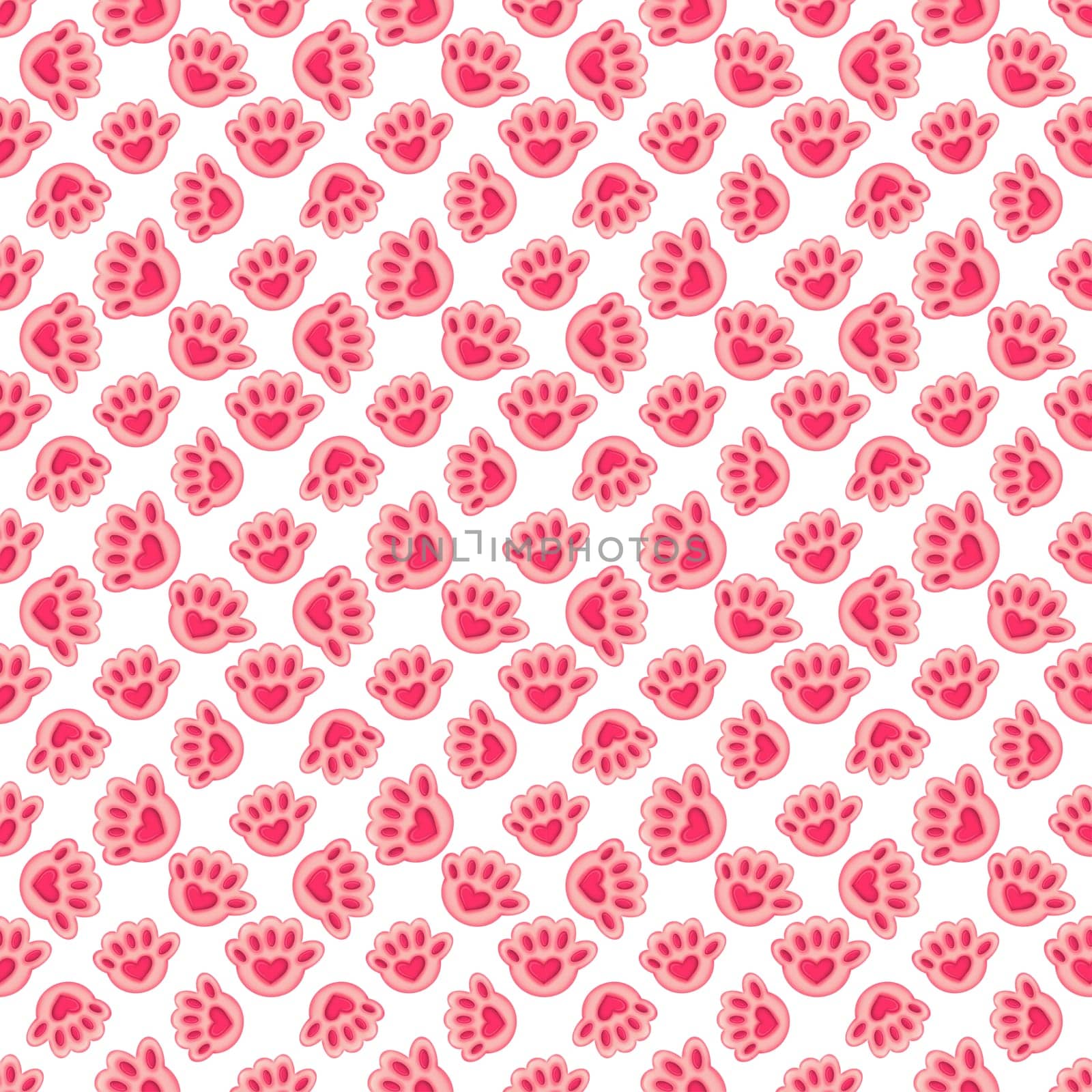 seamless pattern with pink cat paw with heart on a white background