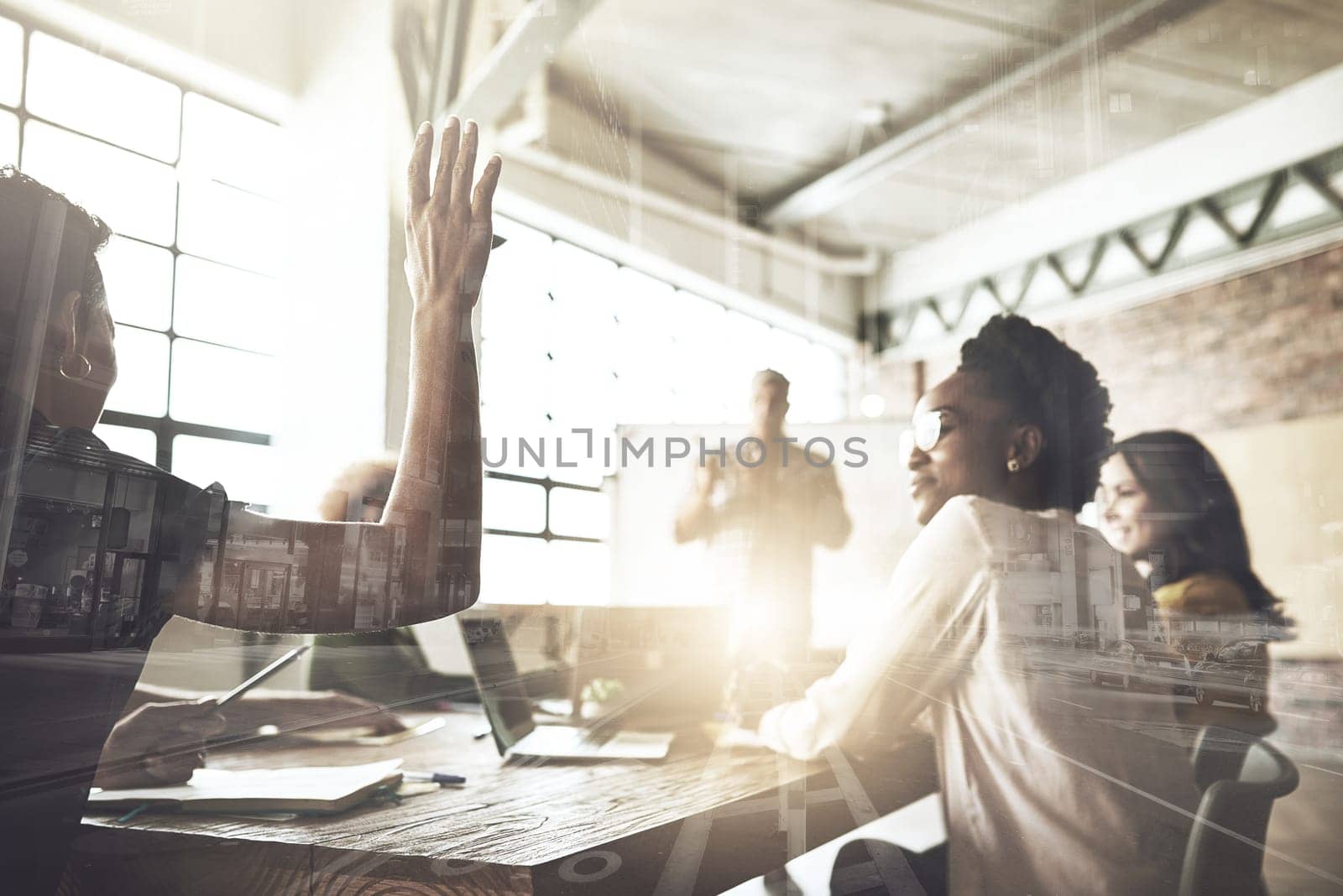 Ive got a question. Multiple exposure shot of businesspeople having a meeting superimposed over a cityscape. by YuriArcurs