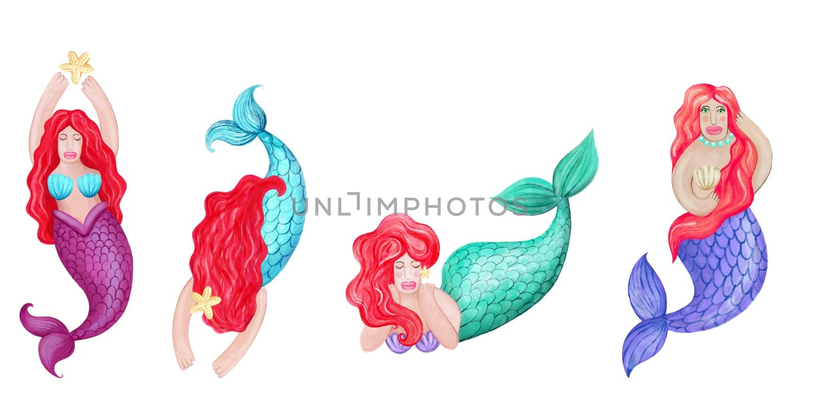 Collection of illustrations of various multicolored cartoon mermaids with fish tail isolated on white background