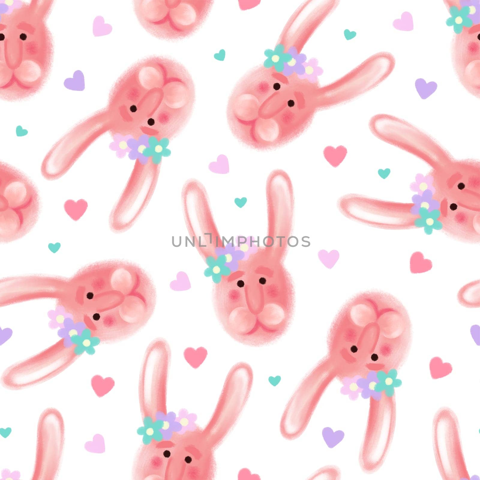 seamless pattern with cute rabbit faces and hearts. rabbit seamless background